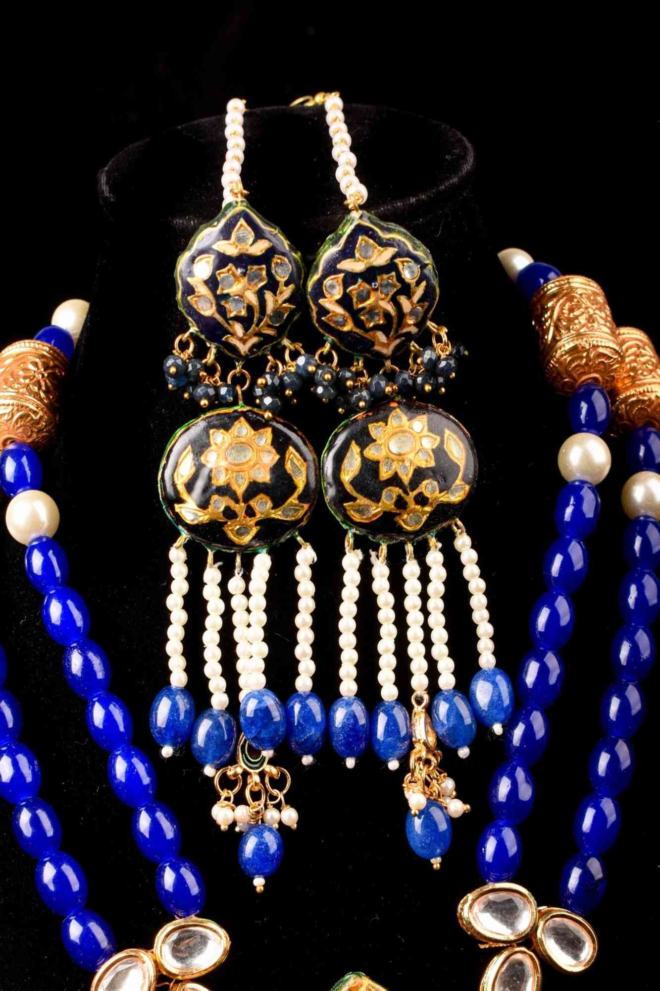 Blue Double Strand Necklace Set with Large Pendant