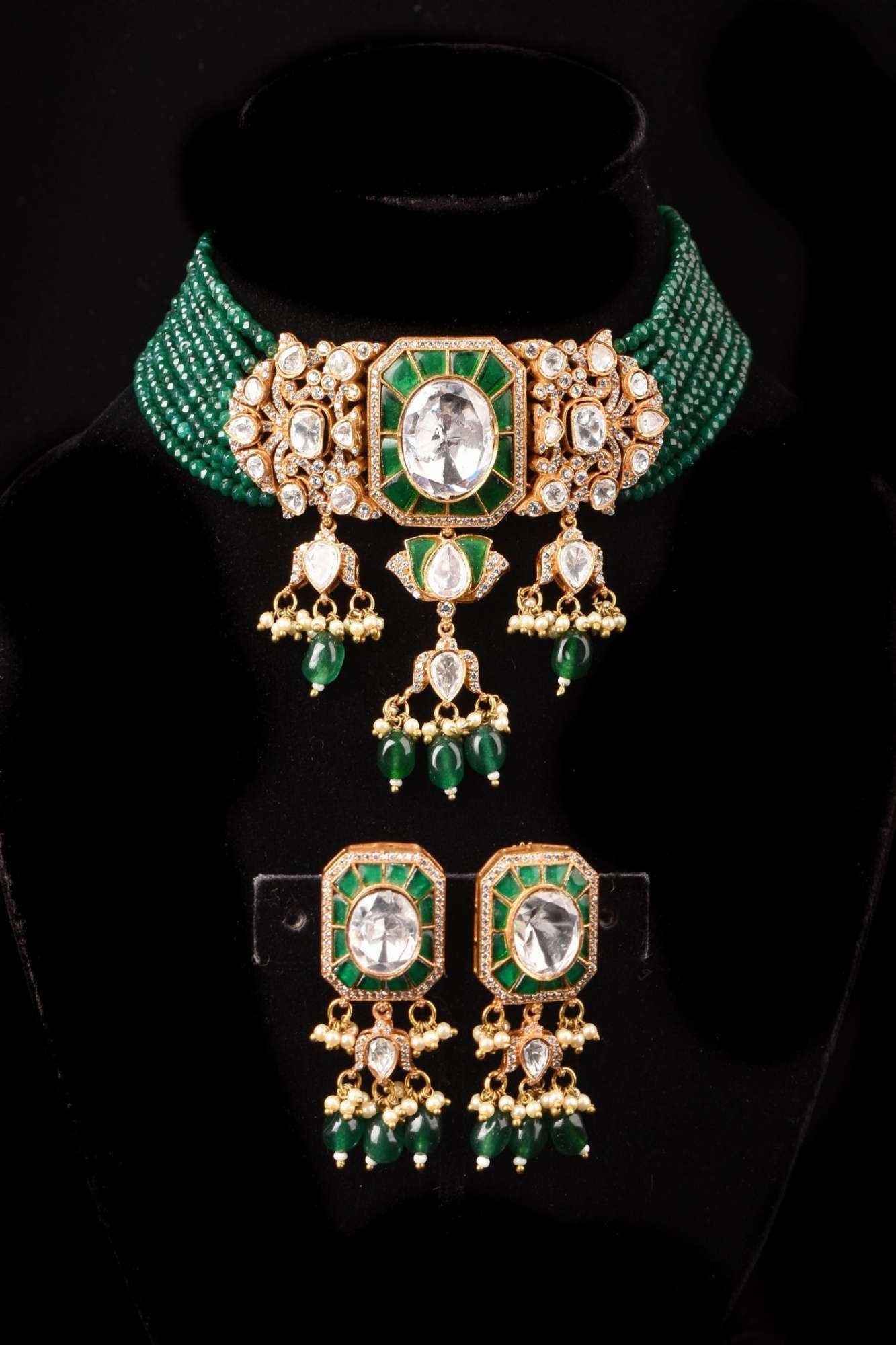 Green and White Moissanite stone Green Choker Set with 9 Strand Sides