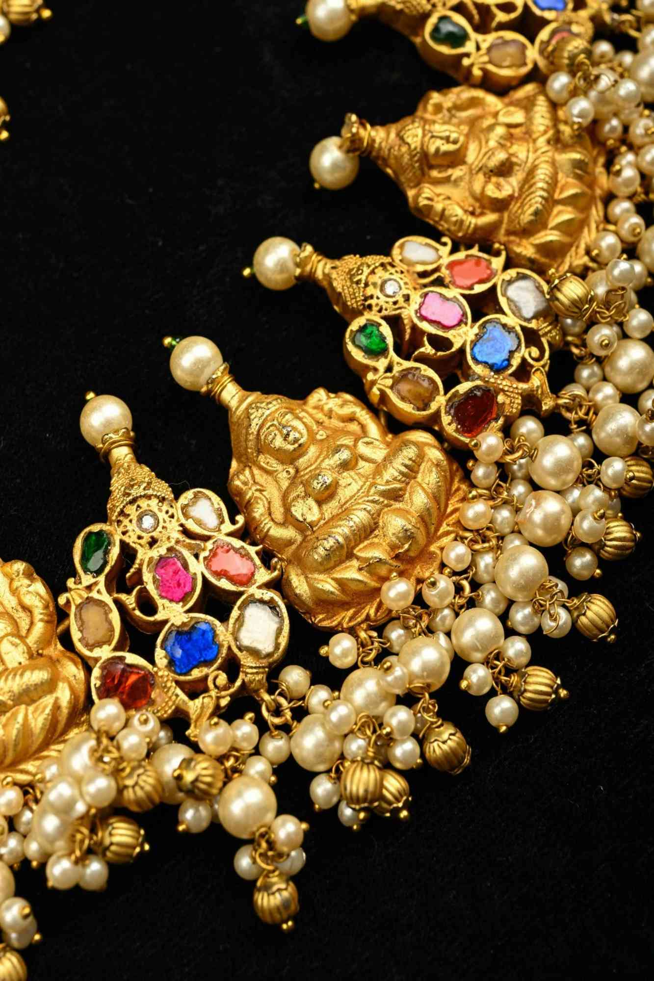 Magnificent Temple Jewelry Inspired Antique Gold tone Nagas Lakshmi and Navaratna Ganesh Necklace Set