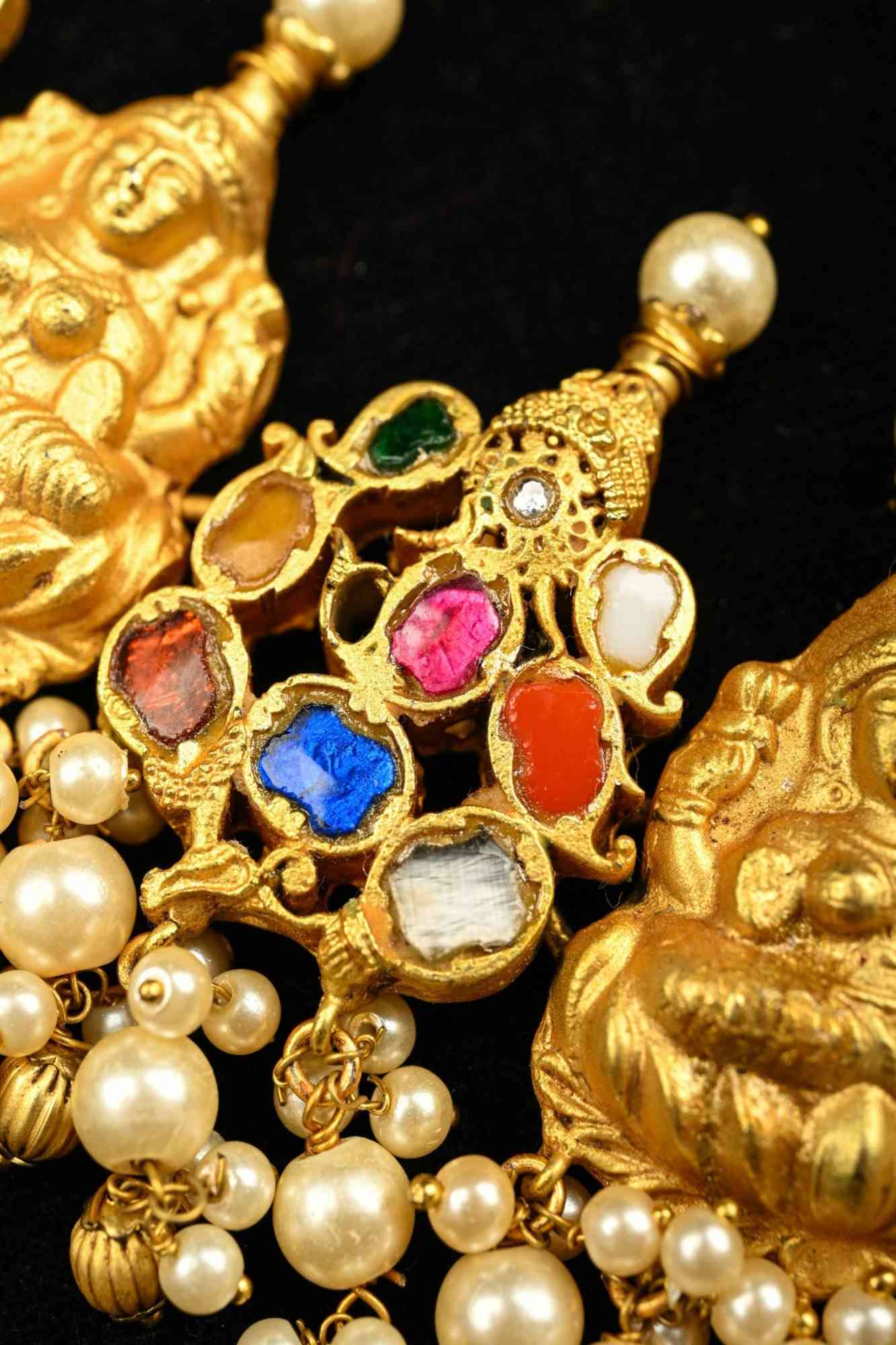 Magnificent Temple Jewelry Inspired Antique Gold tone Nagas Lakshmi and Navaratna Ganesh Necklace Set