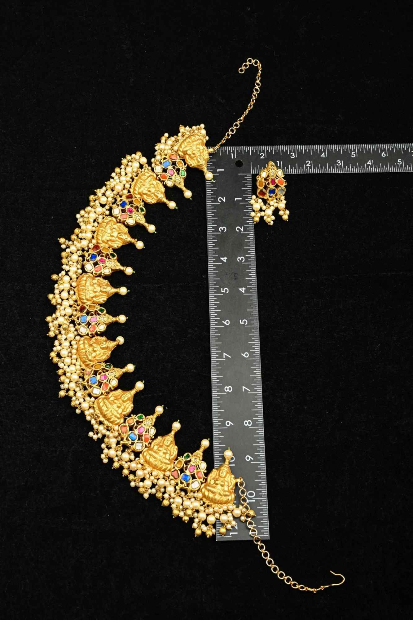 Magnificent Temple Jewelry Inspired Antique Gold tone Nagas Lakshmi and Navaratna Ganesh Necklace Set