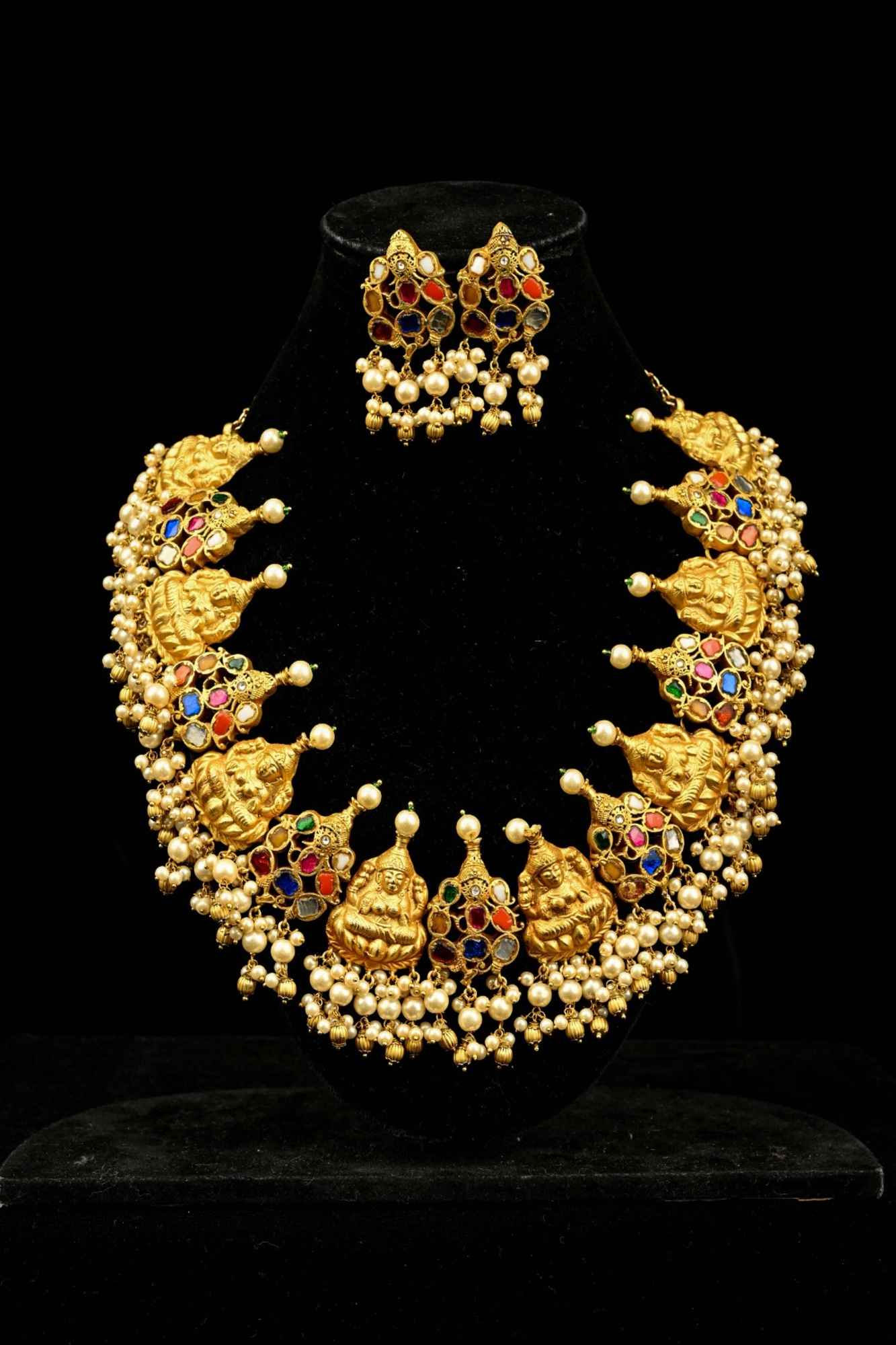 Magnificent Temple Jewelry Inspired Antique Gold tone Nagas Lakshmi and Navaratna Ganesh Necklace Set