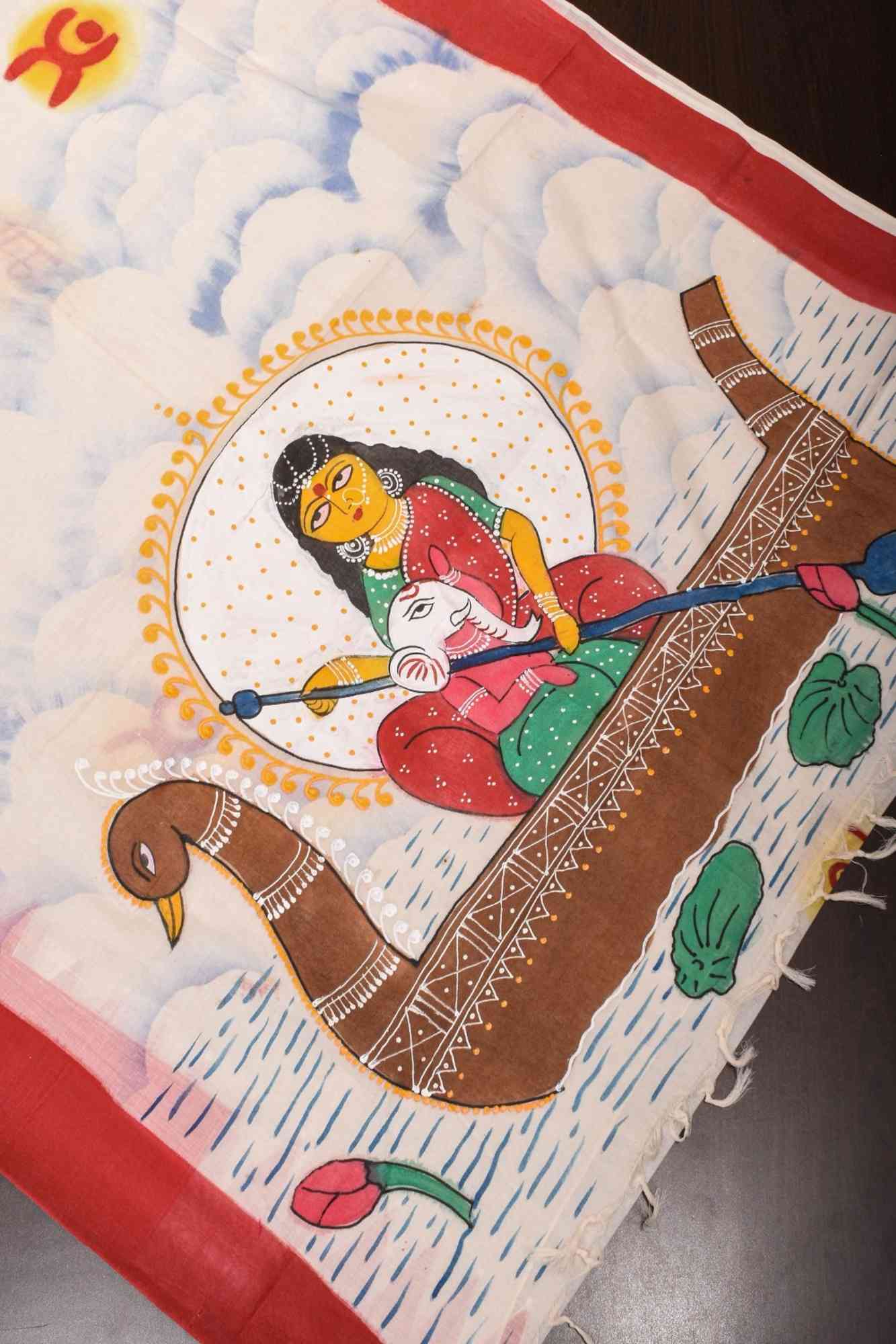 Cotton Saree with Handpainted Parvathy and Ganesha on Boat, Saree only, Ready to wear saree