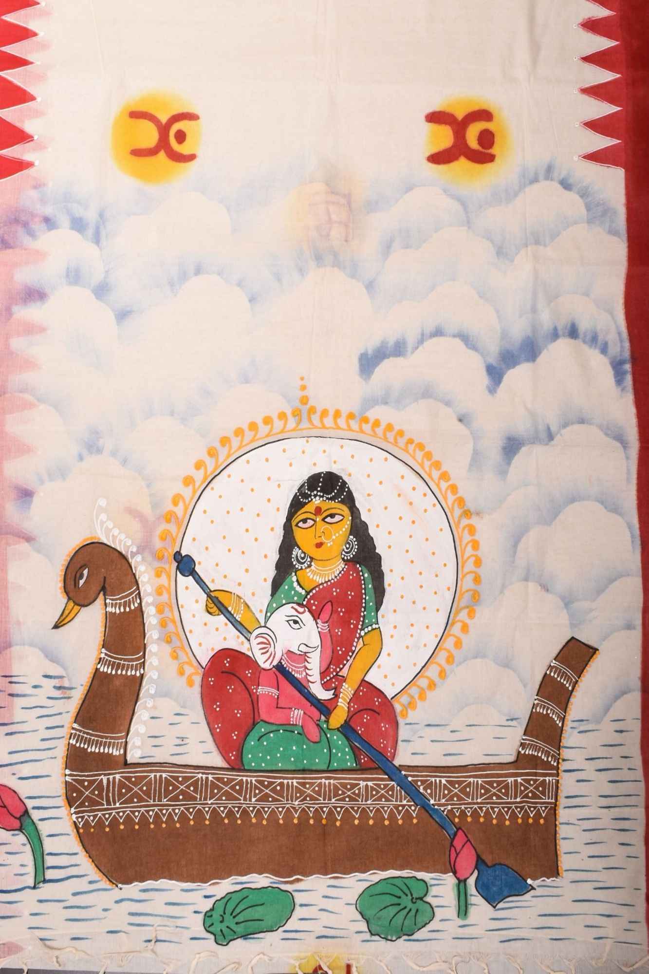 Cotton Saree with Handpainted Parvathy and Ganesha on Boat, Saree only, Ready to wear saree