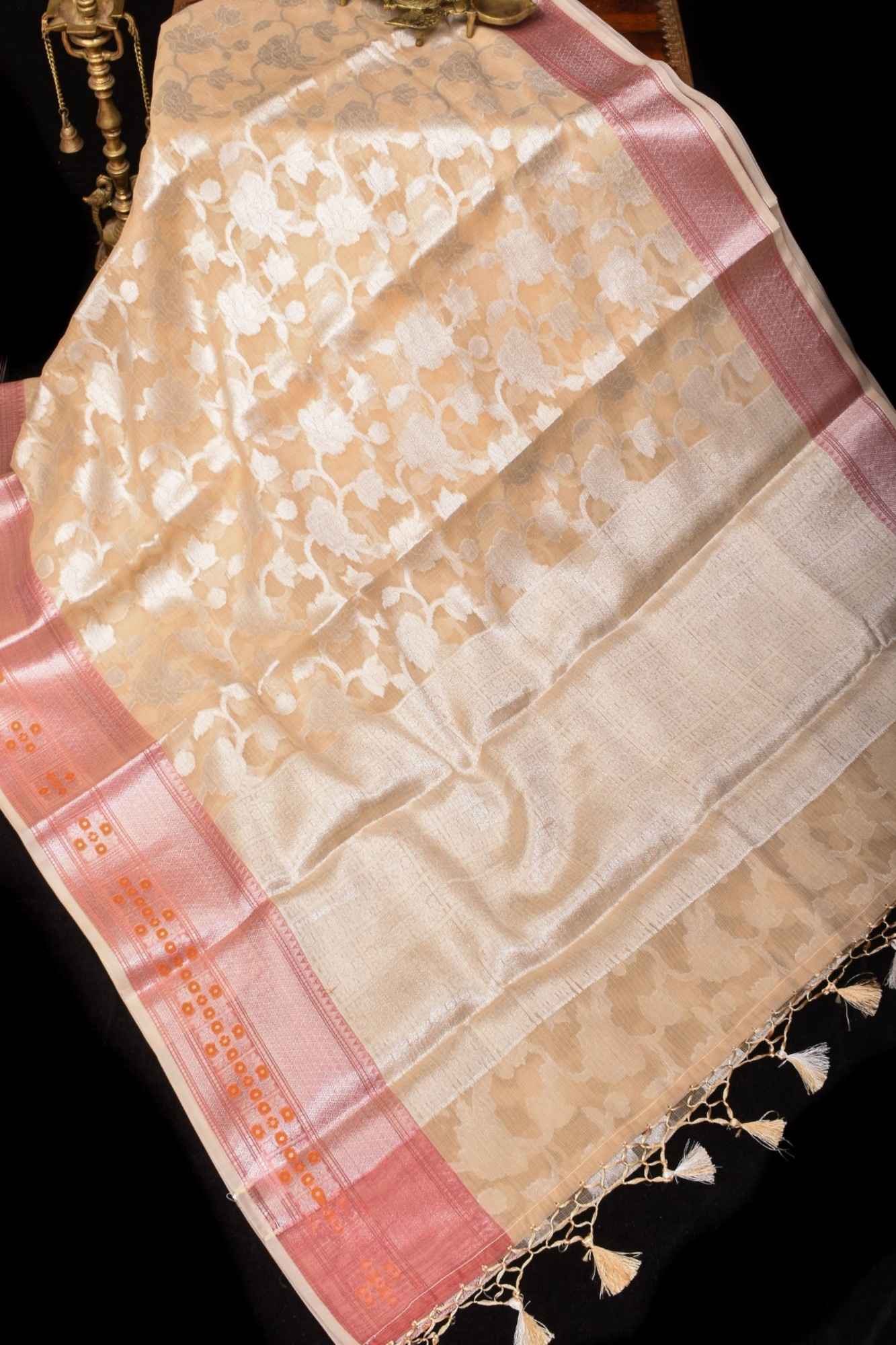 Unique Banarasi Meenakari Semi Kora Silk Saree in Beige with Silver Tone Zari & Floral Jaal Ready to wear saree