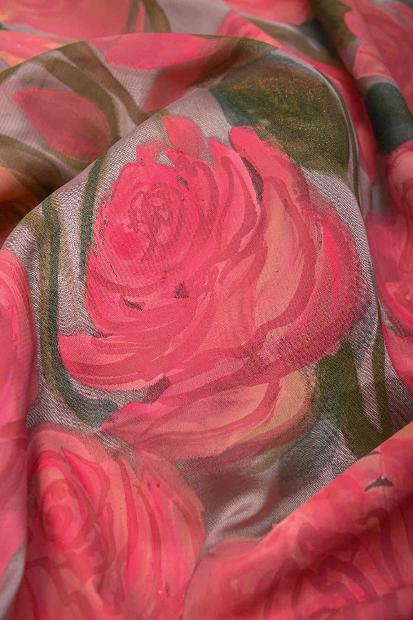 Mauve Shimmer Organza Saree with Hand-Painted Blooming Rose Cascade