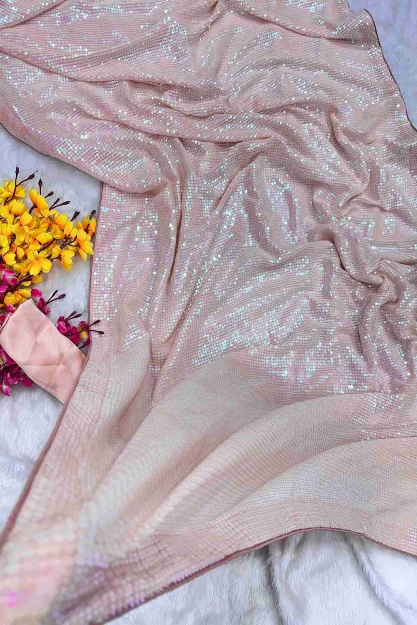 Bollywood celebrity inspired Pink Georgette with Glam Sequin Work Ready To Wear Saree