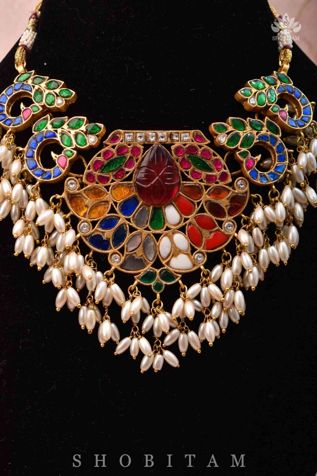 Exquisite Navaratna Vintage Design Necklace with dangling Rice Pearls, NECKLACE ONLY