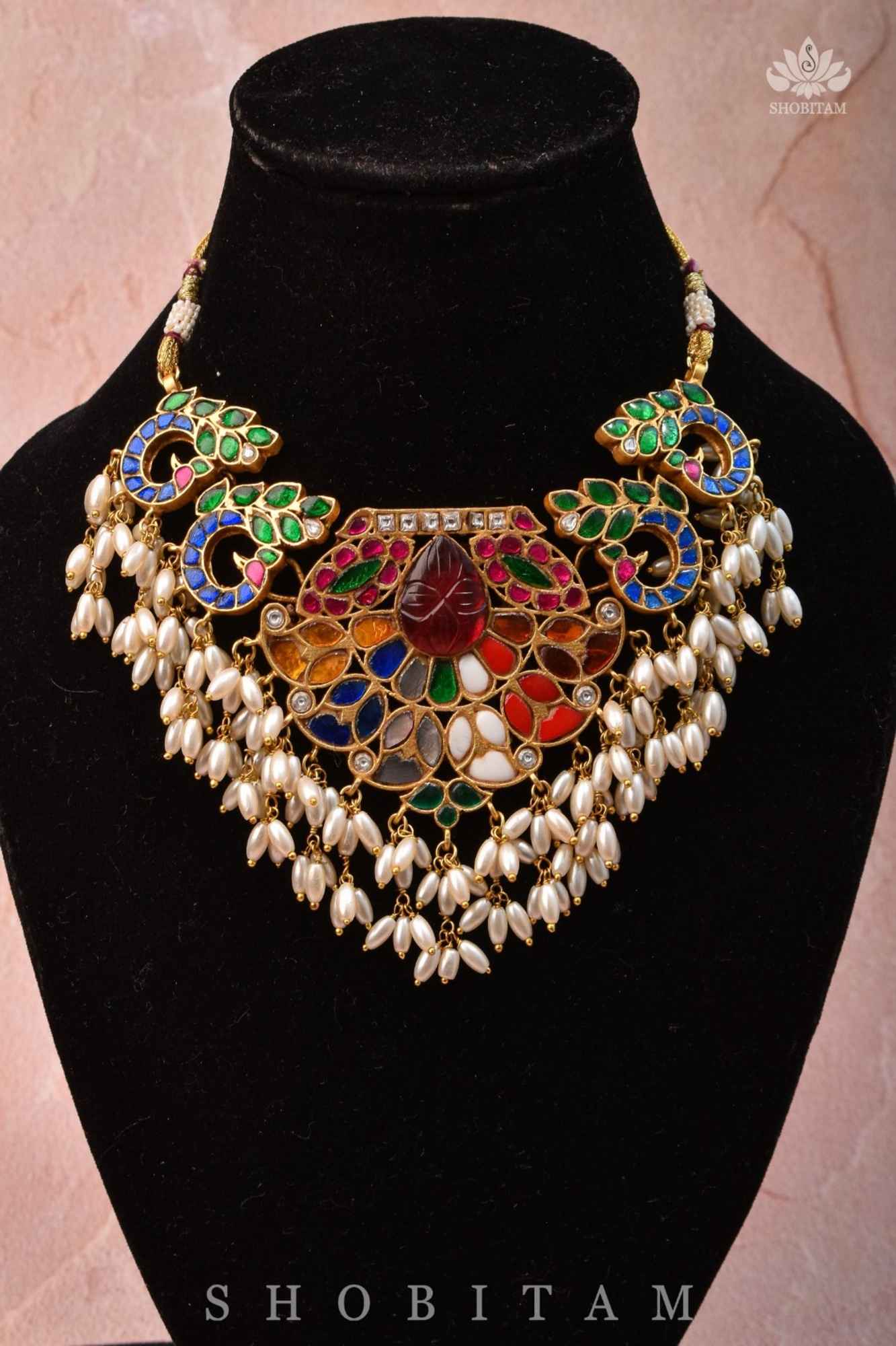 Exquisite Navaratna Vintage Design Necklace with dangling Rice Pearls, NECKLACE ONLY