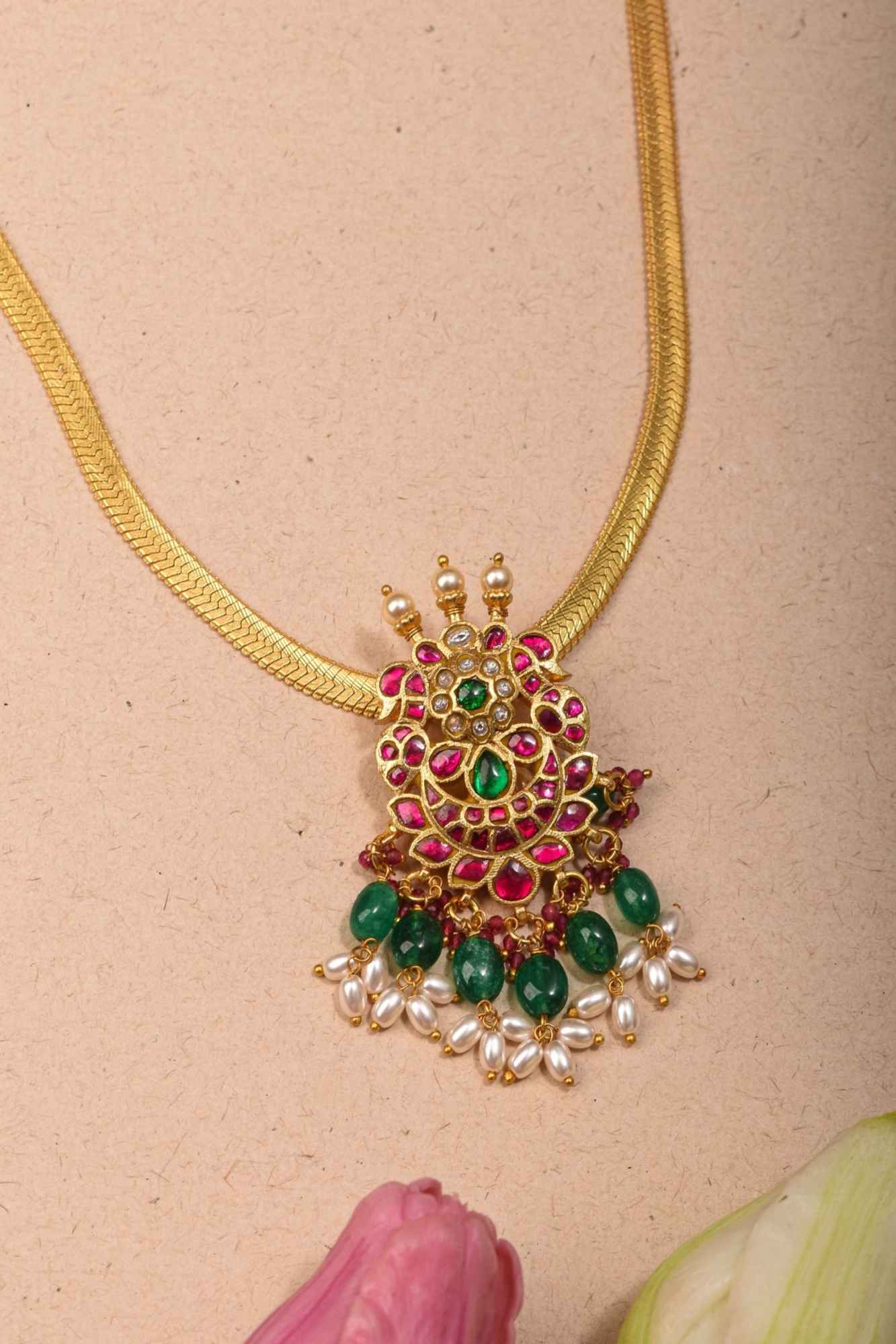 Twin Peacock Minimalistic Ethnic Necklace and Earrings with Red Green and White Stones