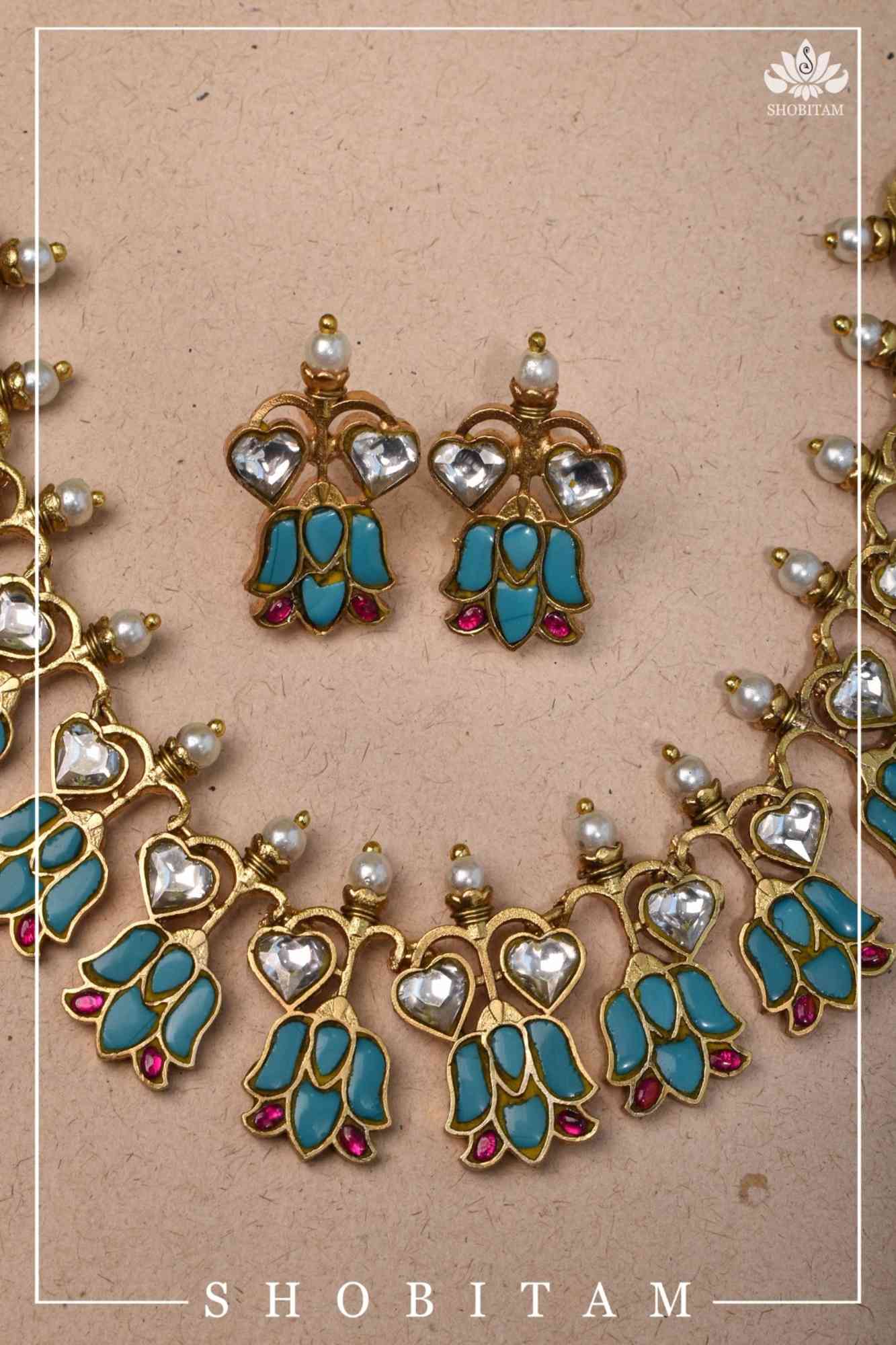 Grayish Teal Falling Lotus Design Falling Lotus design Jadau Necklace Set