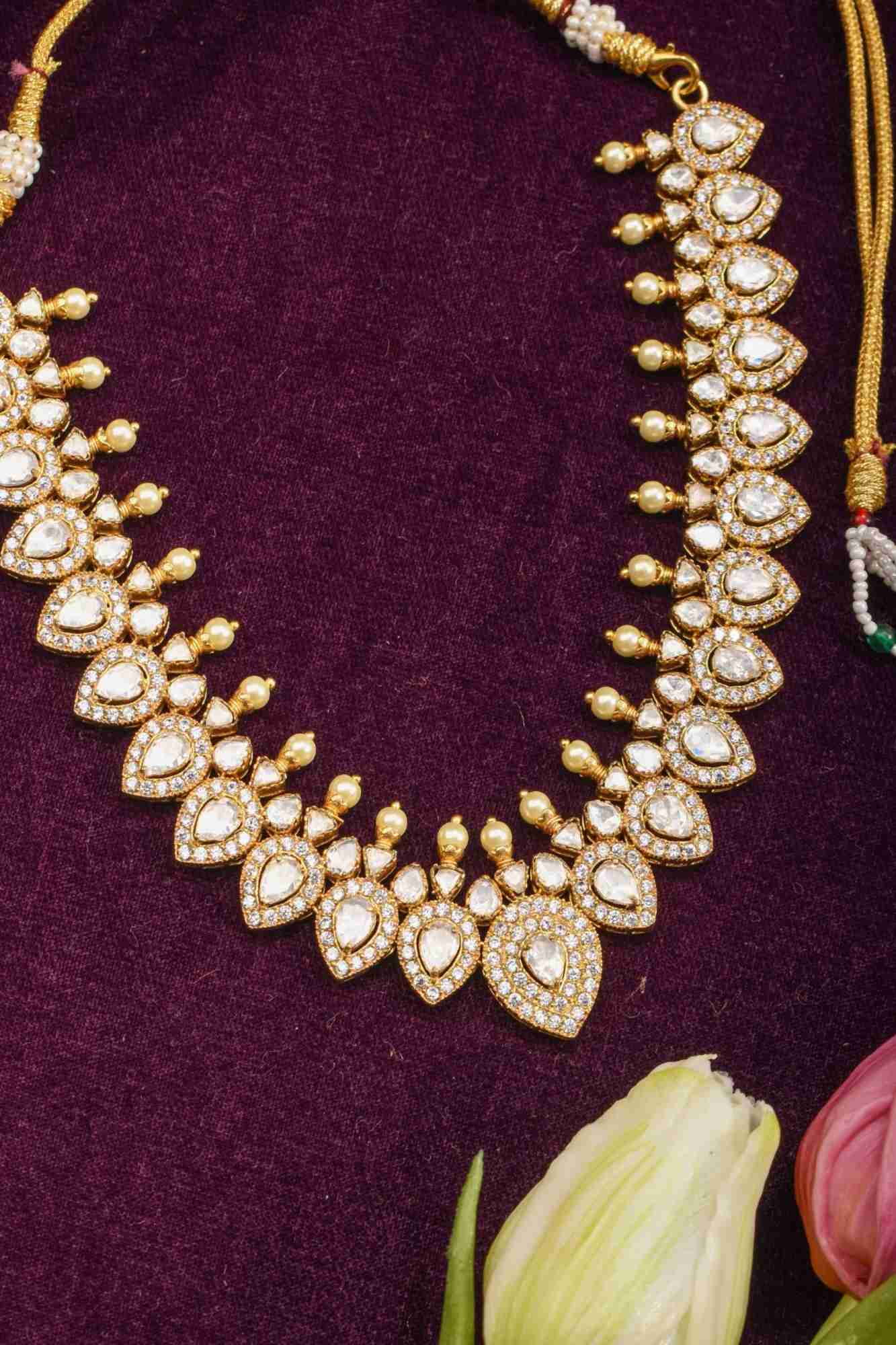 Leaf necklace with white stones, No earring