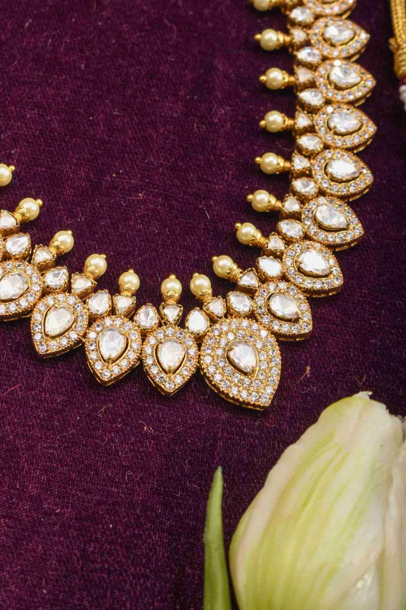 Leaf necklace with white stones, No earring