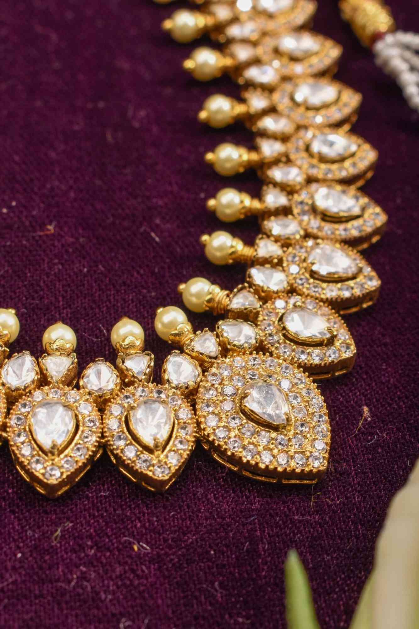 Leaf necklace with white stones, No earring