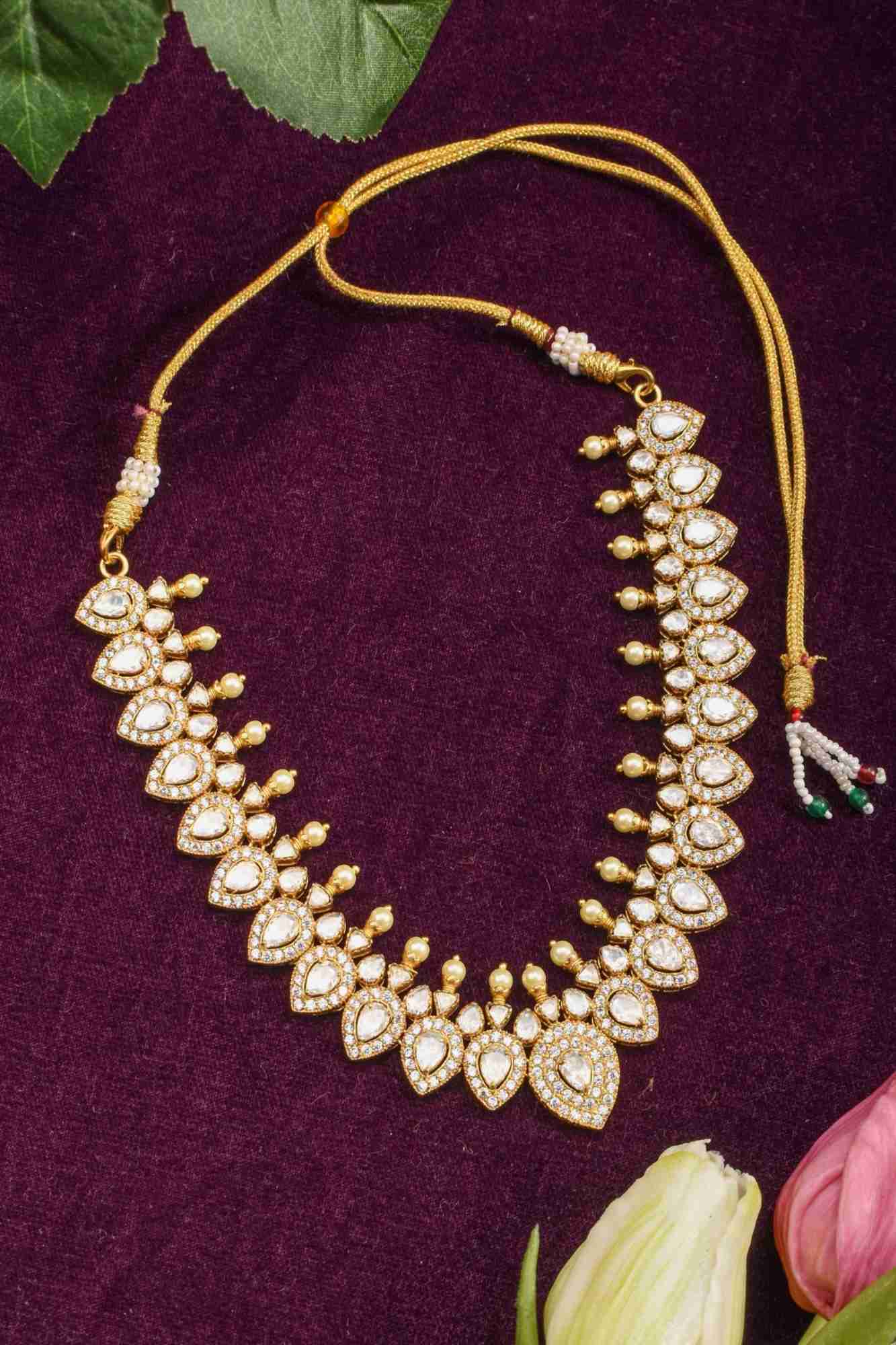 Leaf necklace with white stones, No earring