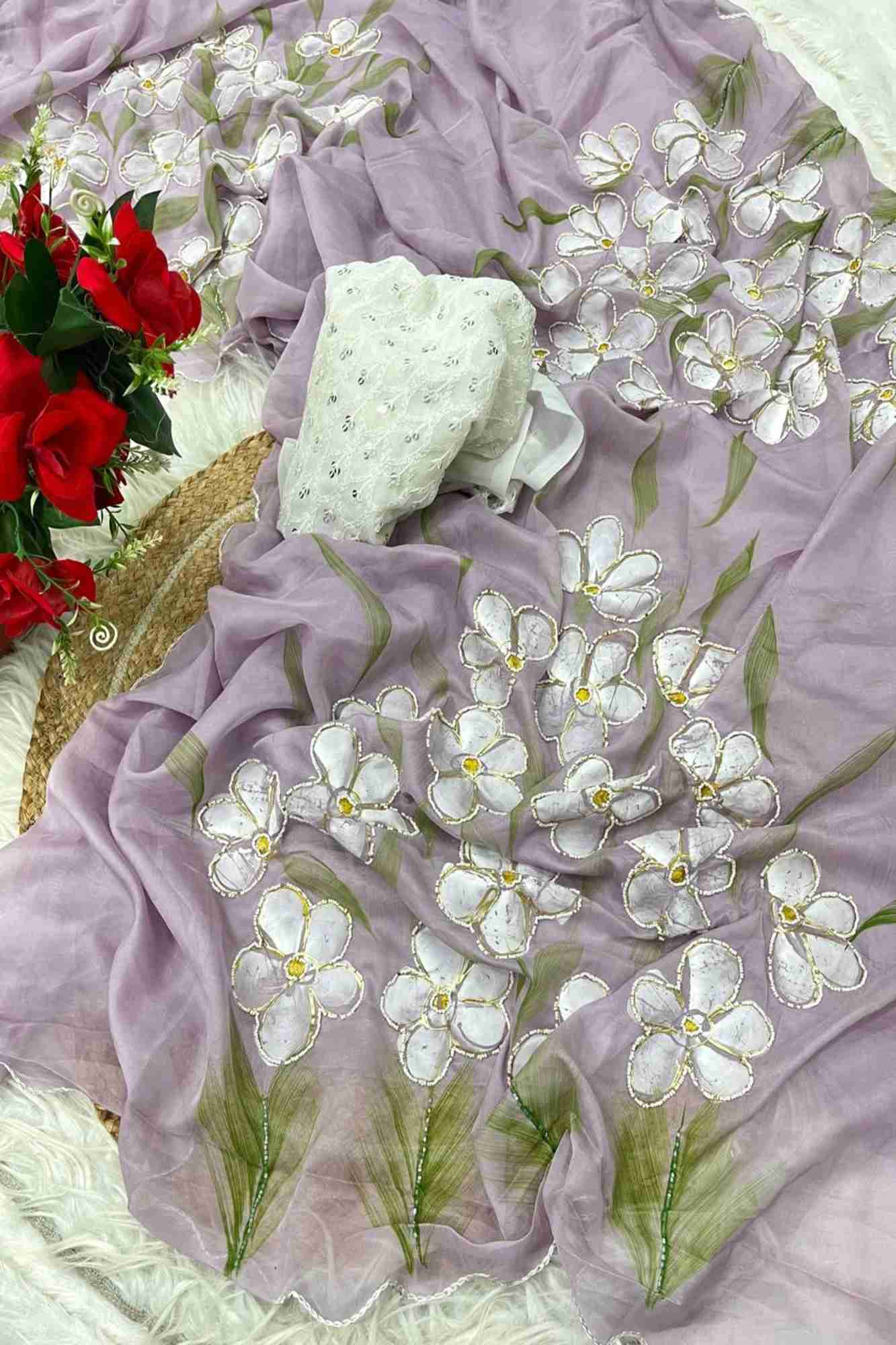 Soft Chiffon Silk with Floral Handwork & Scalloped Border Ready To Wear Saree