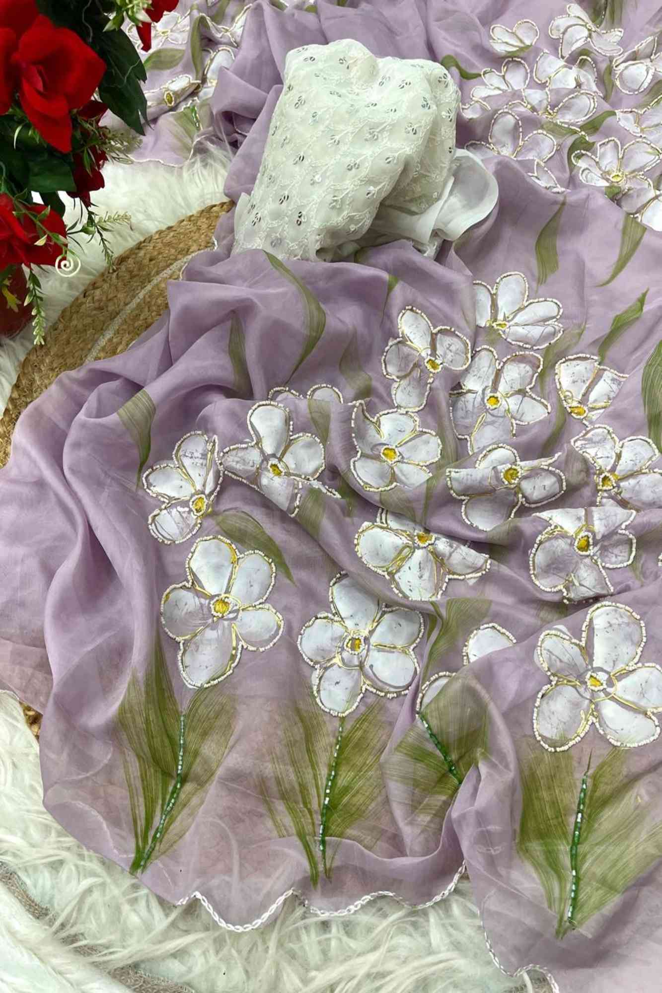 Soft Chiffon Silk with Floral Handwork & Scalloped Border Ready To Wear Saree