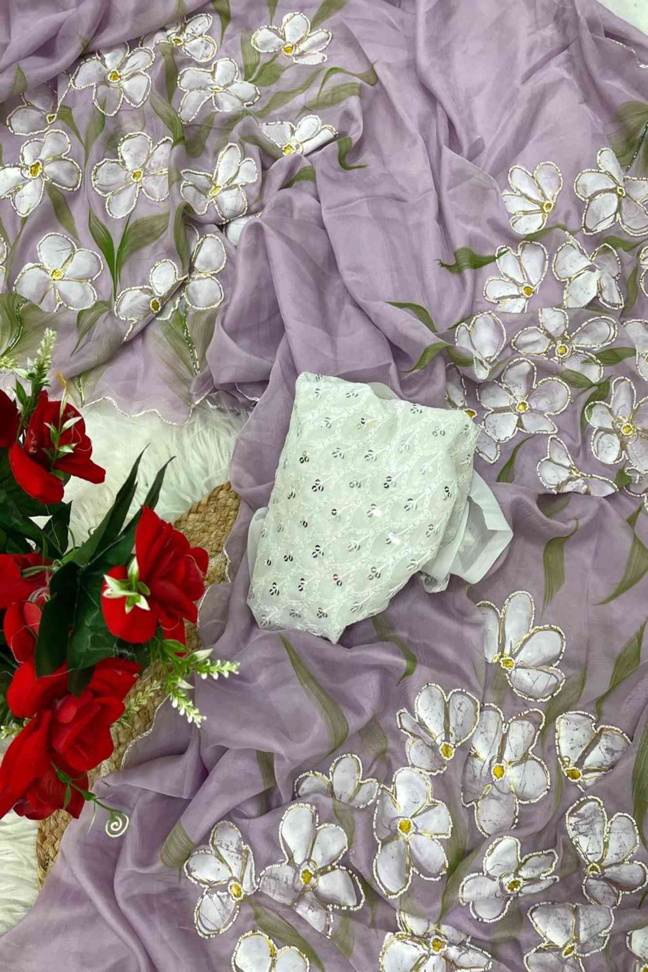 Soft Chiffon Silk with Floral Handwork & Scalloped Border Ready To Wear Saree