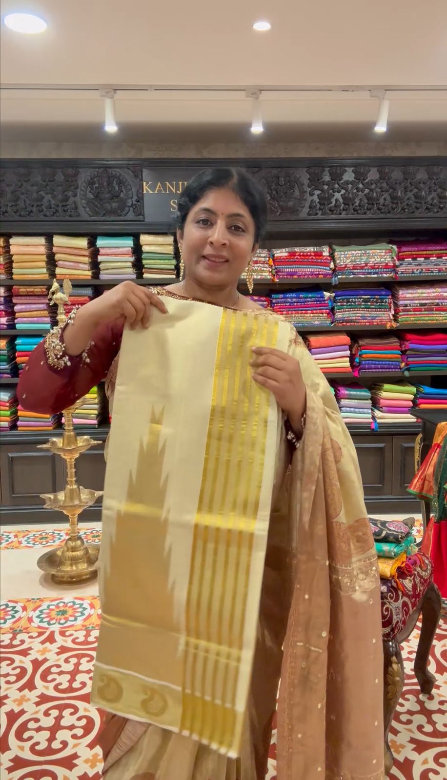 Tissue Cotton Saree with Elongated Temple Zari Motifs | Shobitam