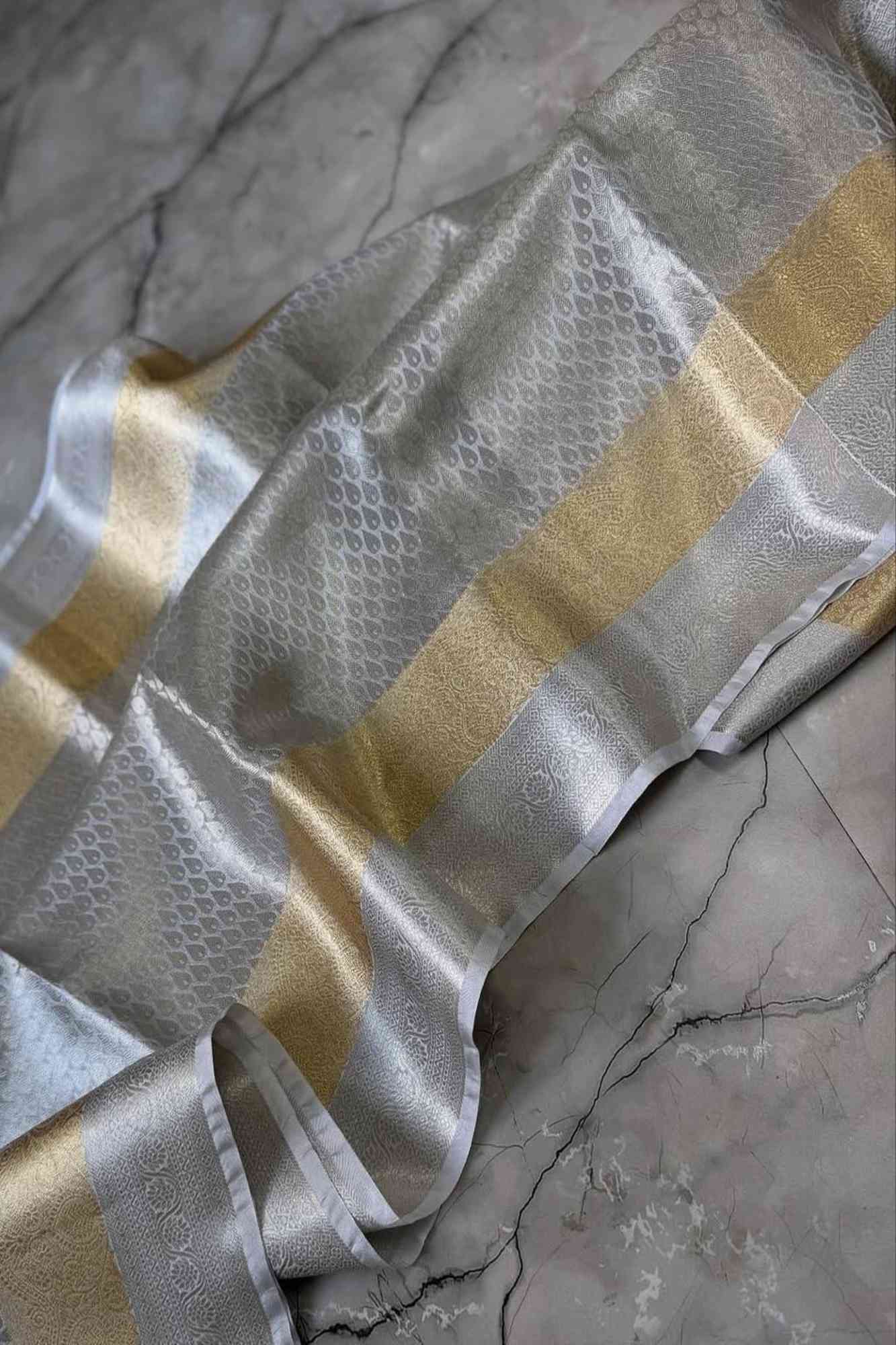 Silver Tissue Silk Banarasi Brocade Ready To Wear Saree