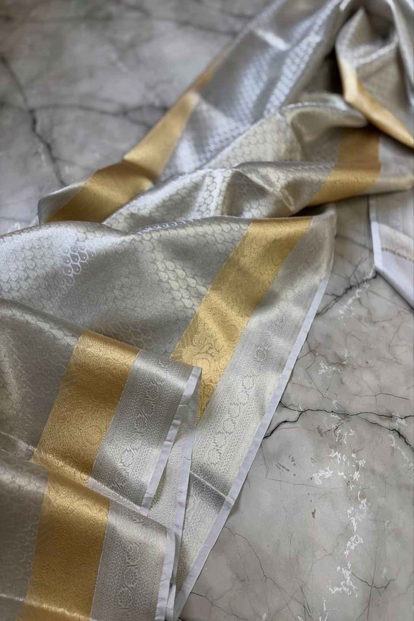 Silver Tissue Silk Banarasi Brocade Ready To Wear Saree