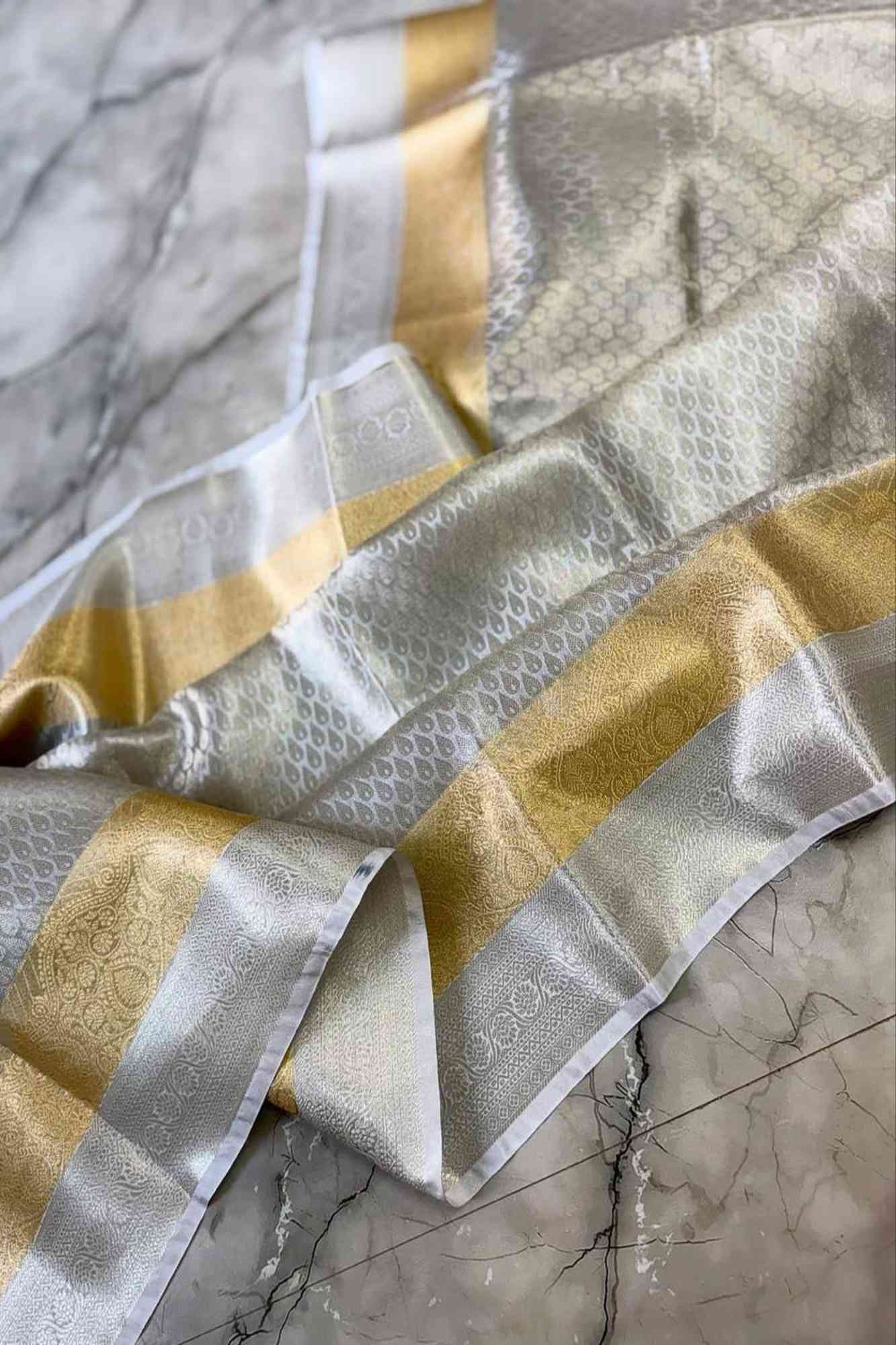 Silver Tissue Silk Banarasi Brocade Ready To Wear Saree