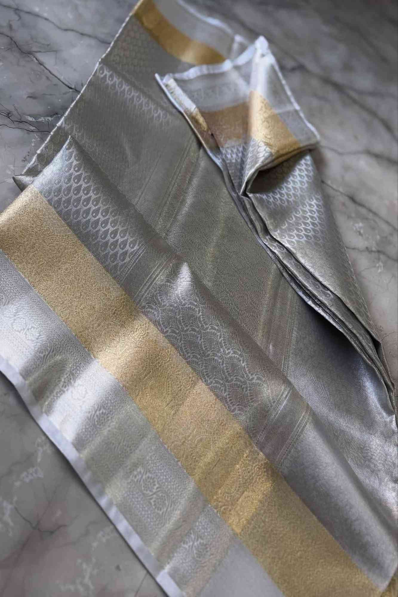 Silver Tissue Silk Banarasi Brocade Ready To Wear Saree