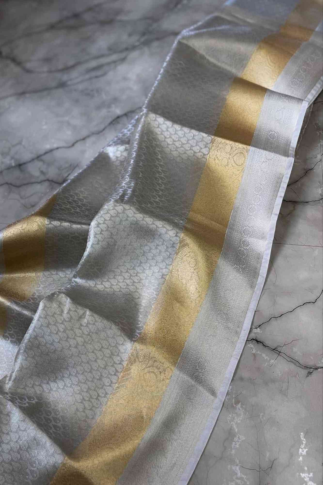 Silver Tissue Silk Banarasi Brocade Ready To Wear Saree