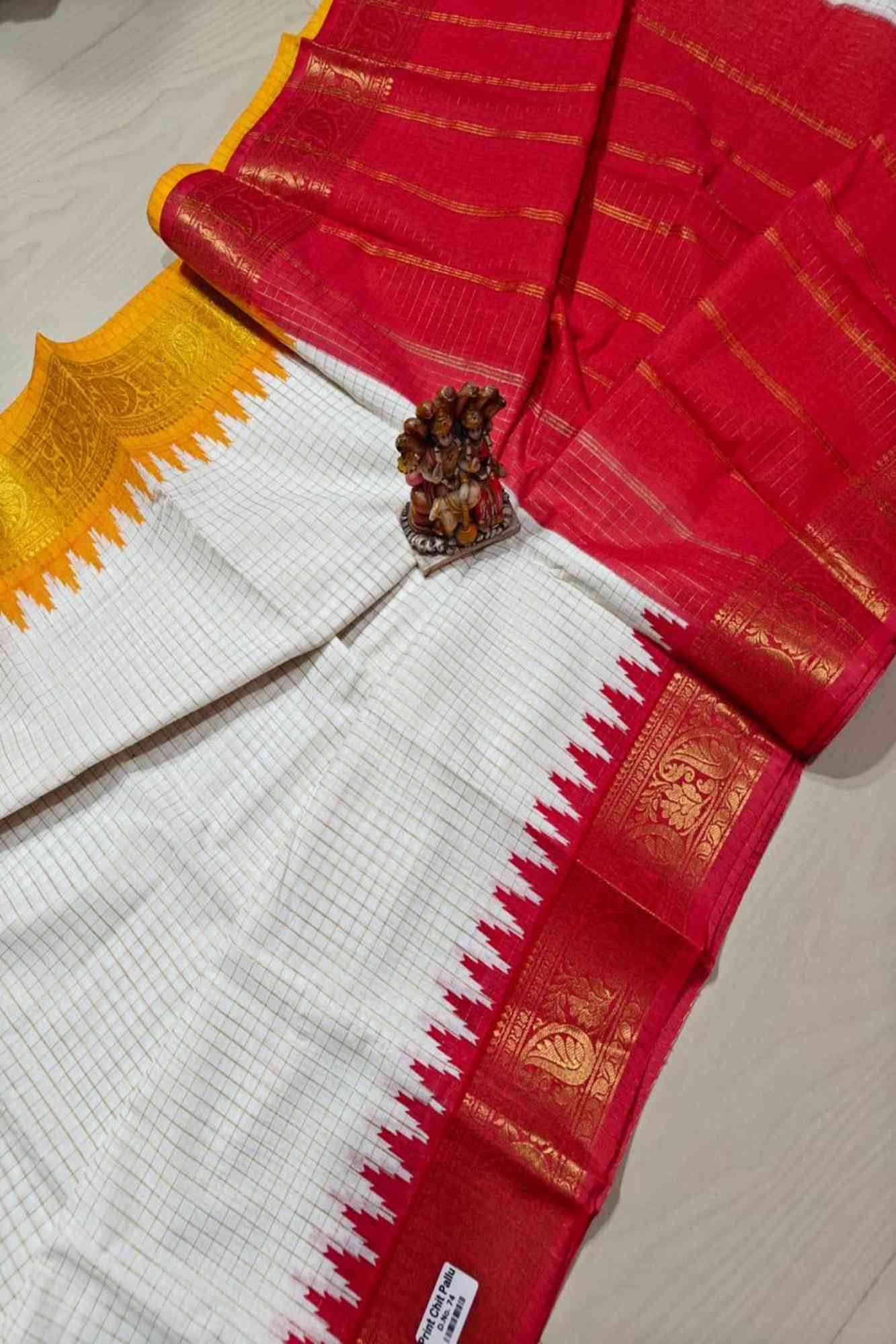 Cotton Checked with Red Pallu & Yellow Temple Ready To Wear Saree