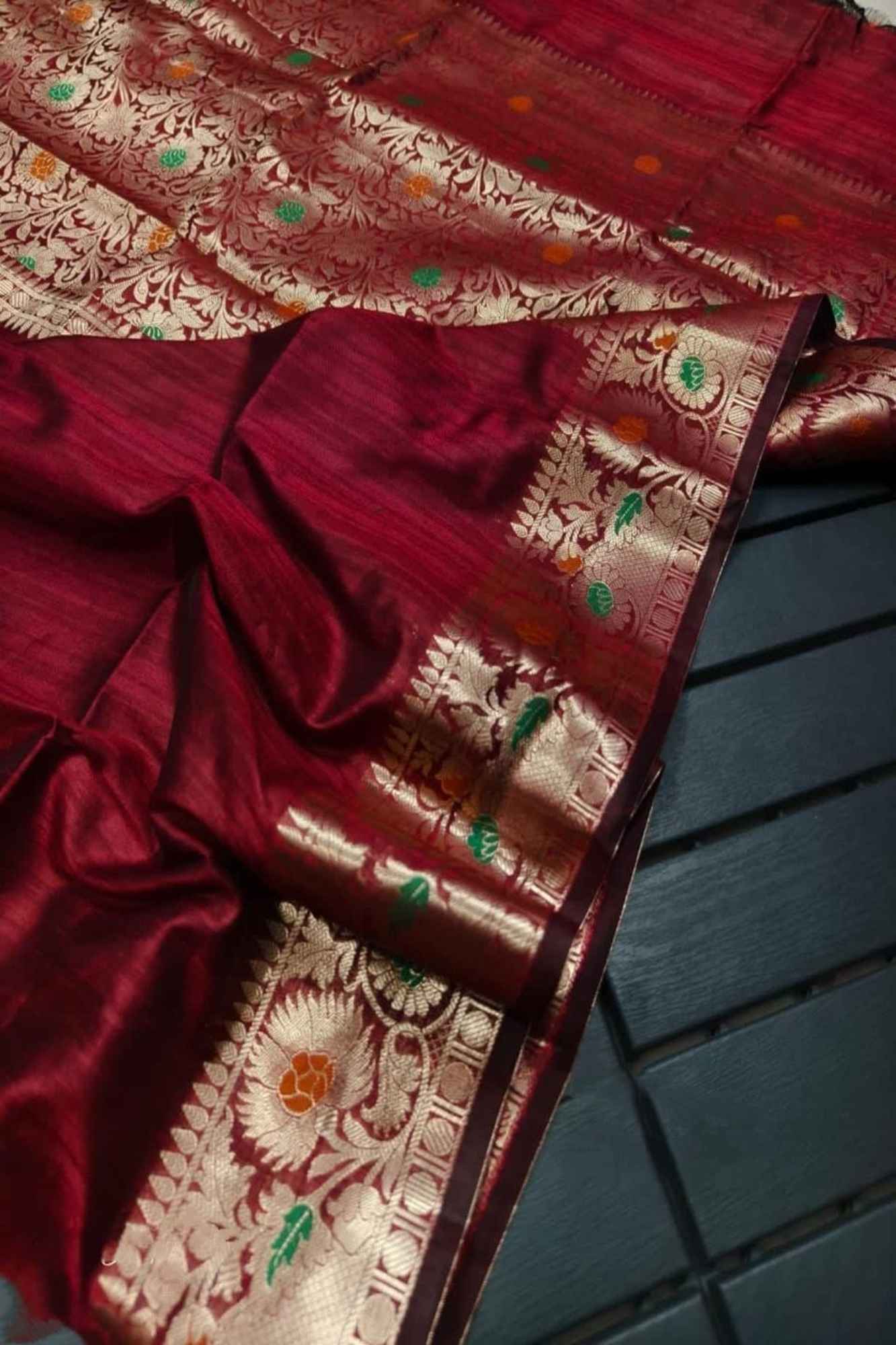 Red Katan Inspired Banarasi with Meena work Border Ready to wear Saree