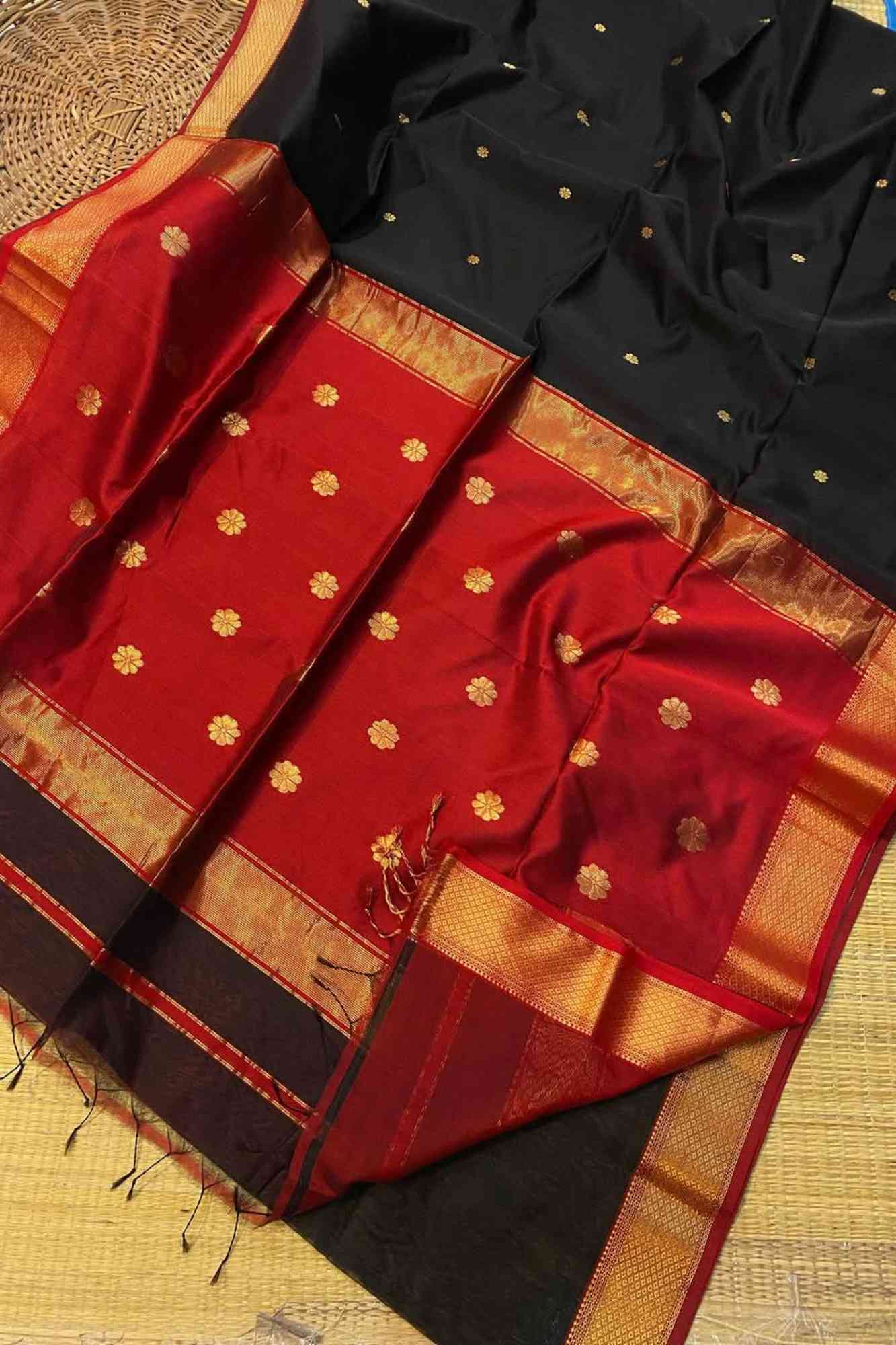 Black Cotton Silk Maheshwari with Zari Buta & Contrast Red Pallu Ready To Wear Saree
