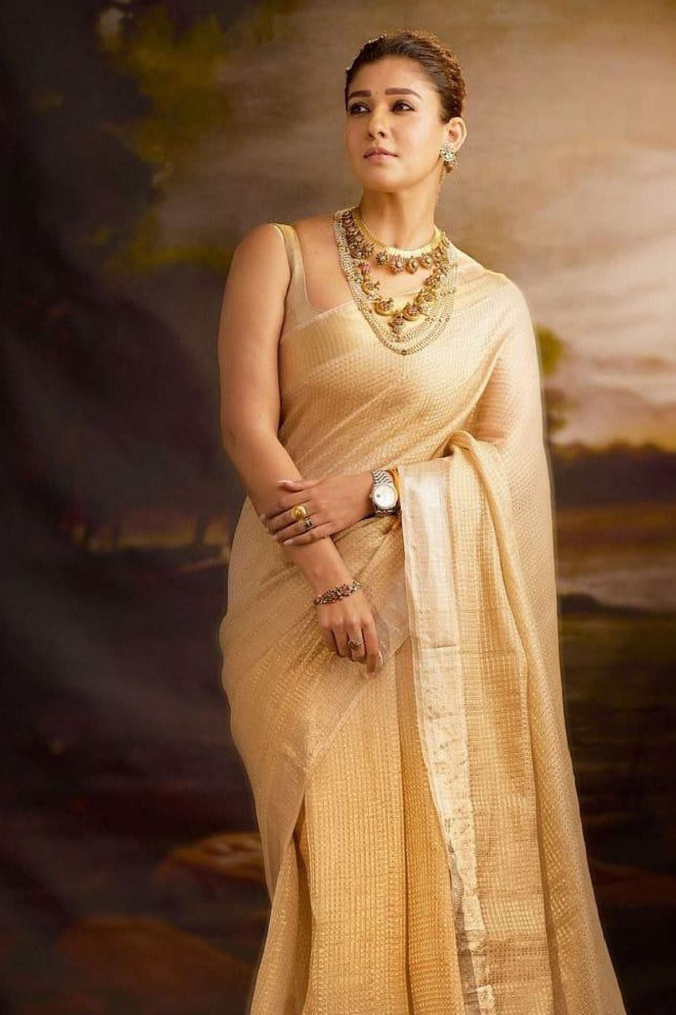 Nayanthara inspired Jacquard Tissue Silk Ready to wear Saree
