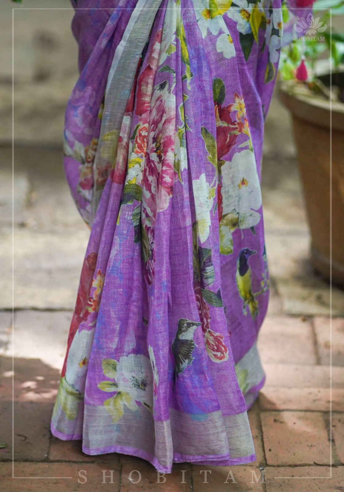 Periwinkle Linen Saree with Floral Digital Print | Shobitam