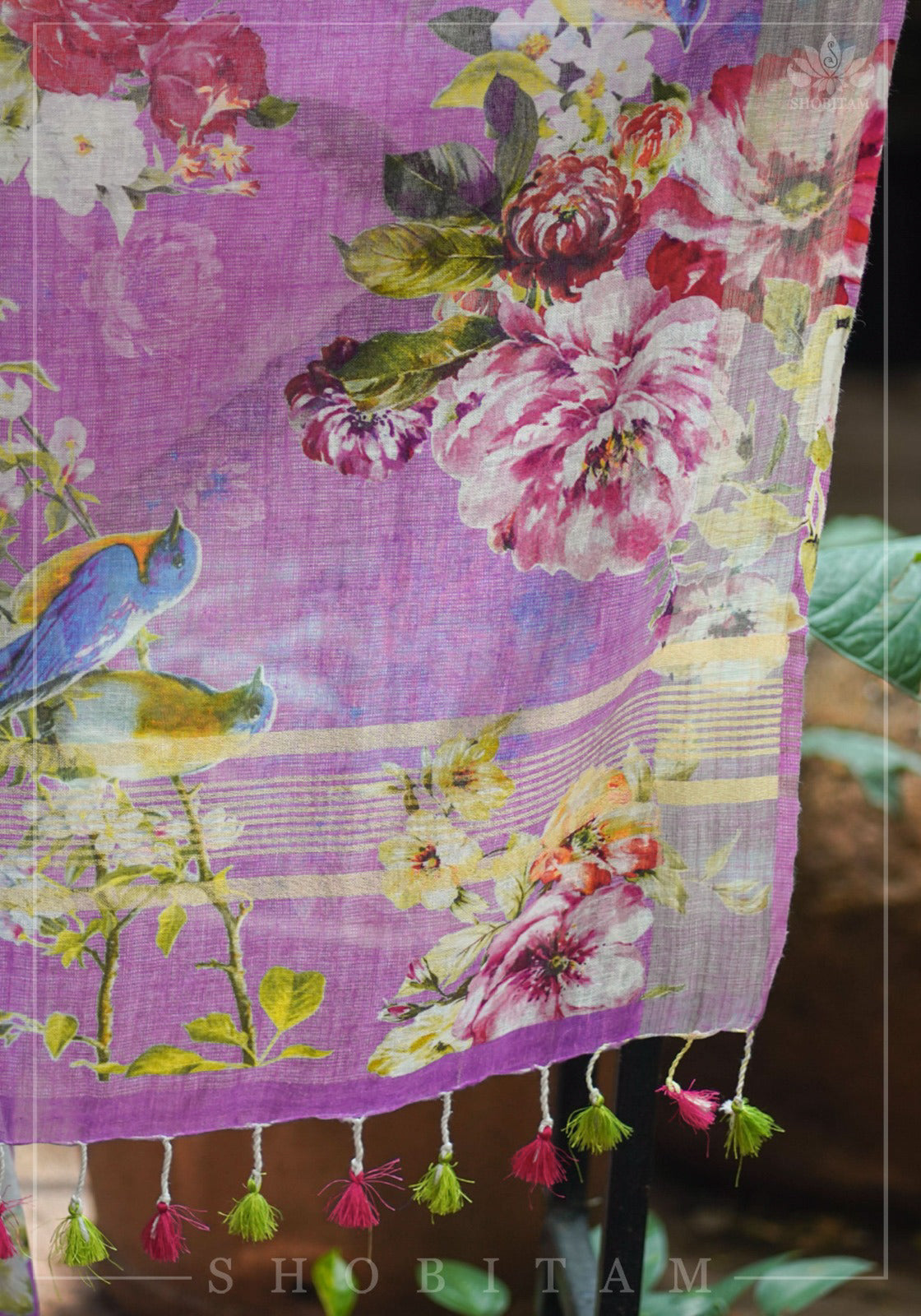 Periwinkle Linen Saree with Floral Digital Print | Shobitam