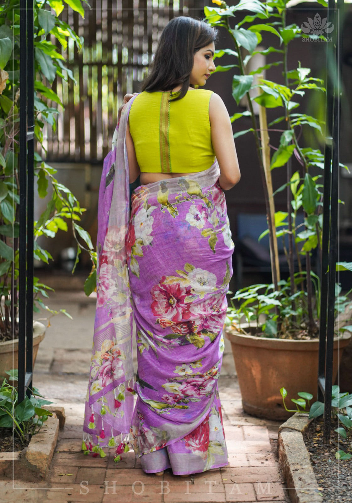 Periwinkle Linen Saree with Floral Digital Print | Shobitam
