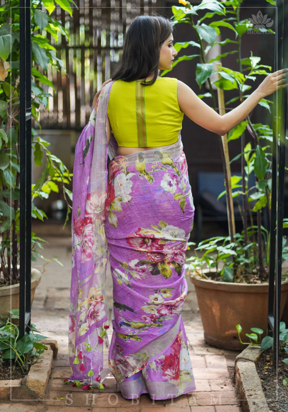 Periwinkle Linen Saree with Floral Digital Print | Shobitam