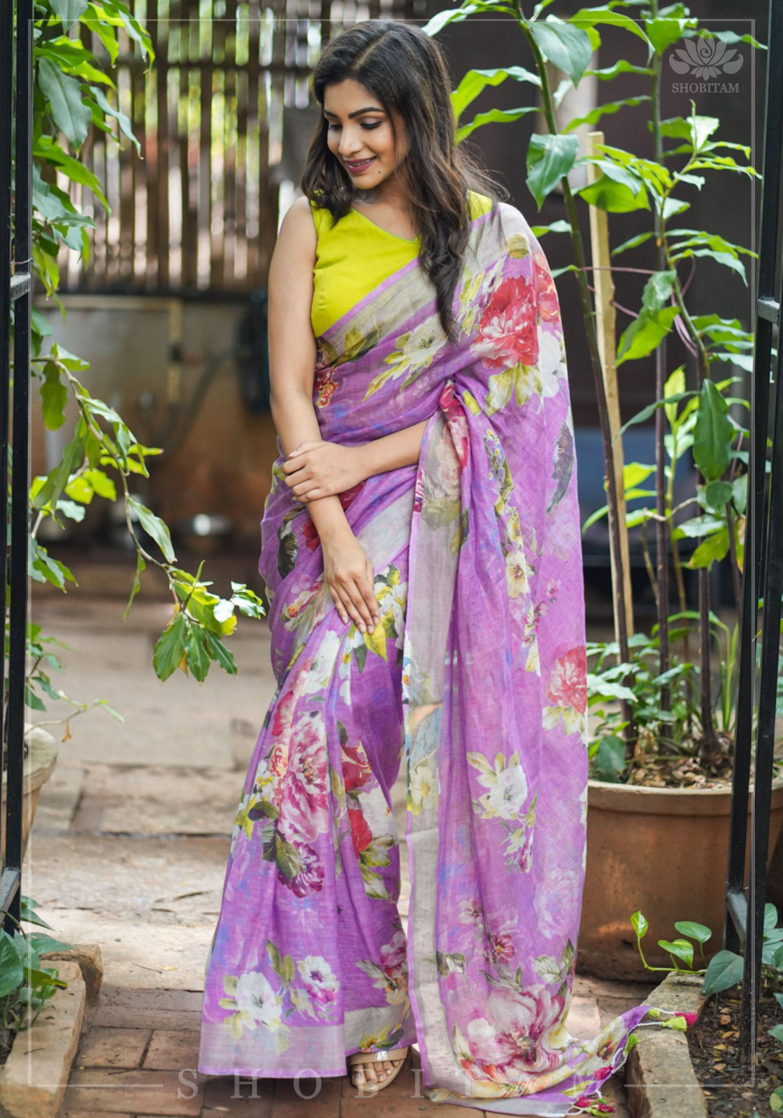Periwinkle Linen Saree with Floral Digital Print | Shobitam