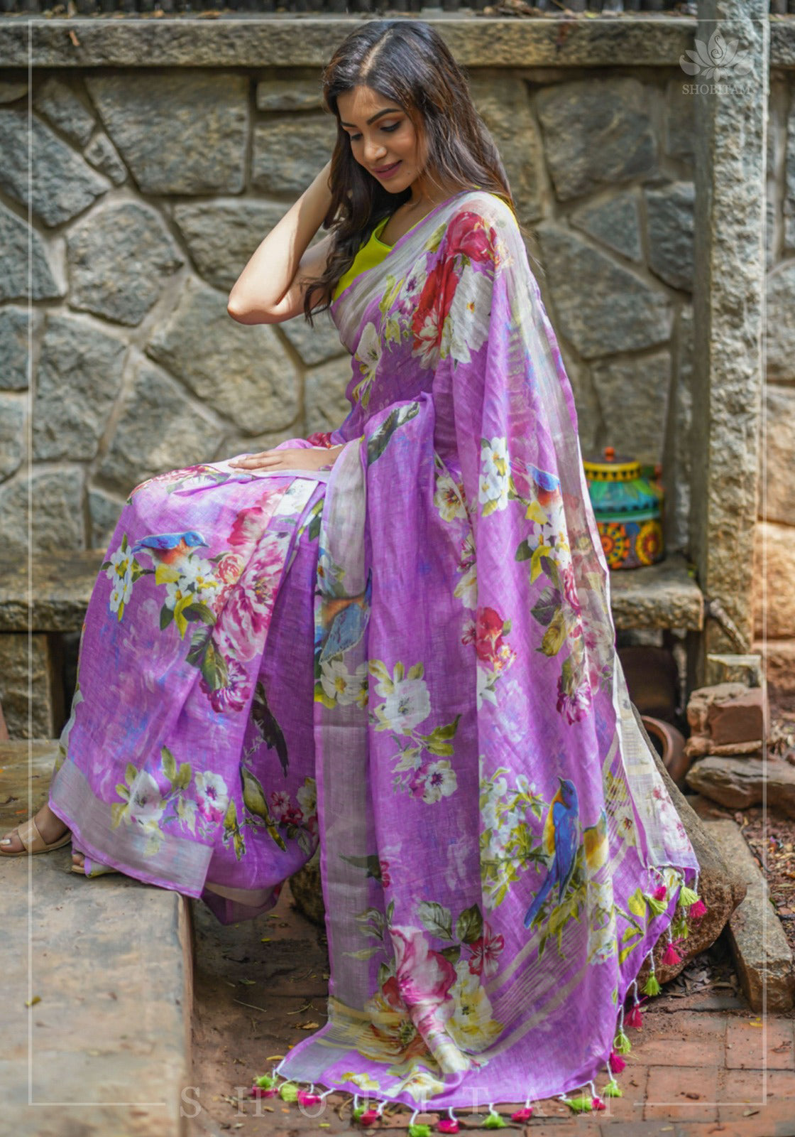 Periwinkle Linen Saree with Floral Digital Print | Shobitam