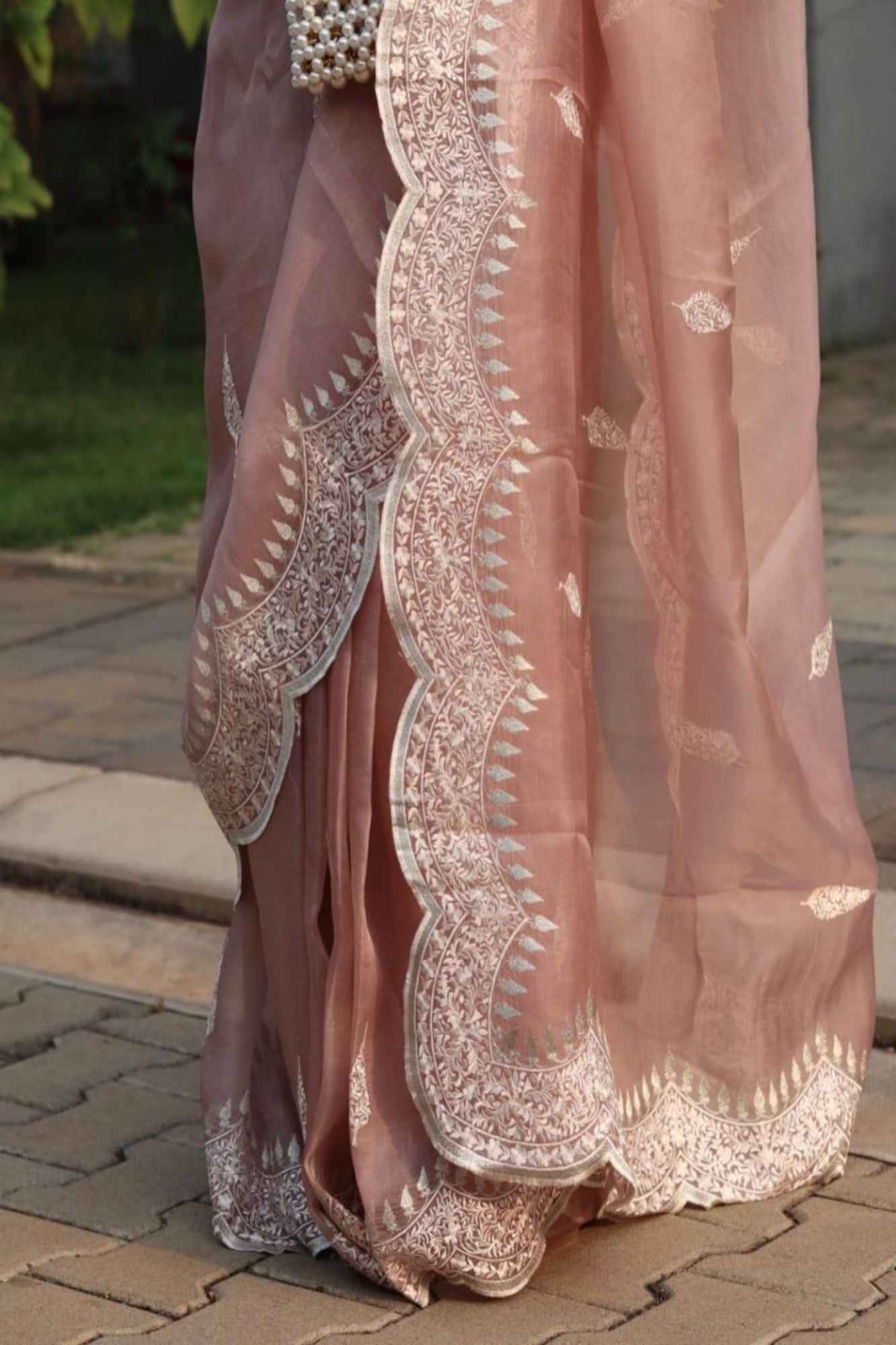 Banarasi-Inspired Kora Silk All-Over Embroidery and Ornate Scalloped Border Ready To Wear Saree