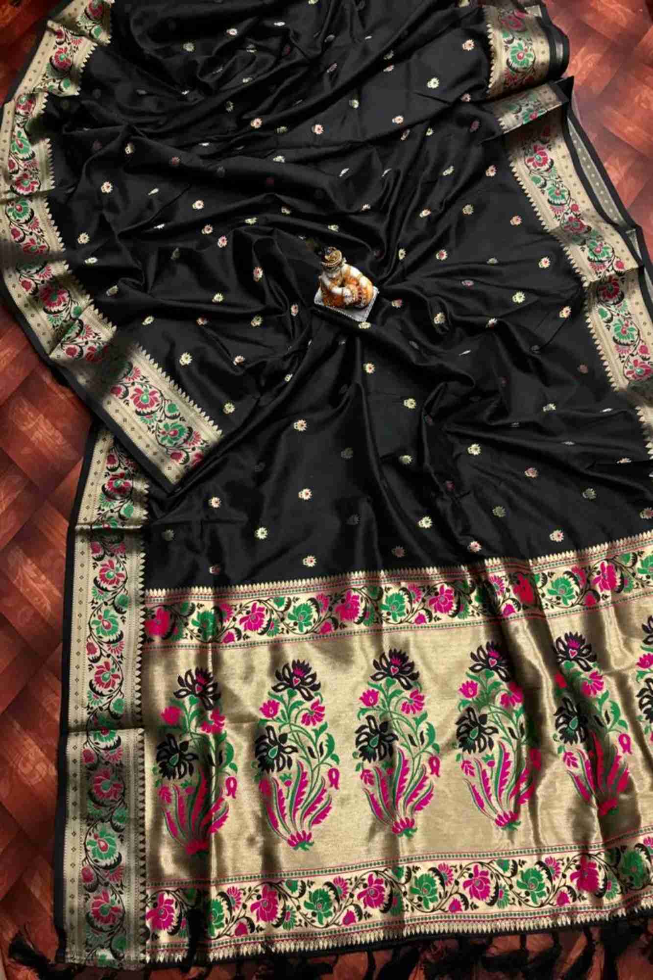 Black Lichi Silk Banarasi inspired with Zari, Minakari & Floral Print Ready To Wear Saree