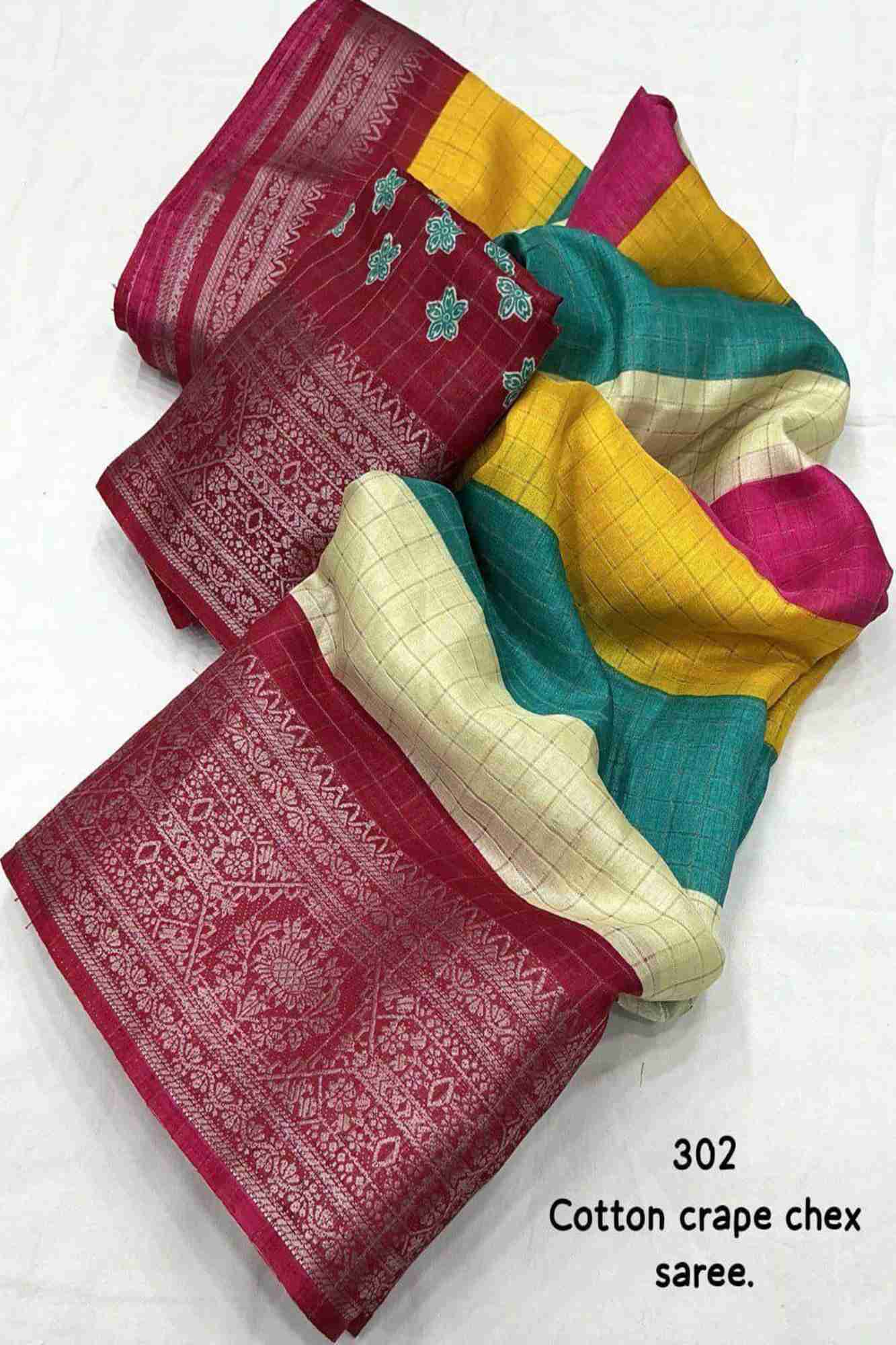 Cotton Crepe Vibrant Multicolor with Intricate Border Work Ready To Wear Saree