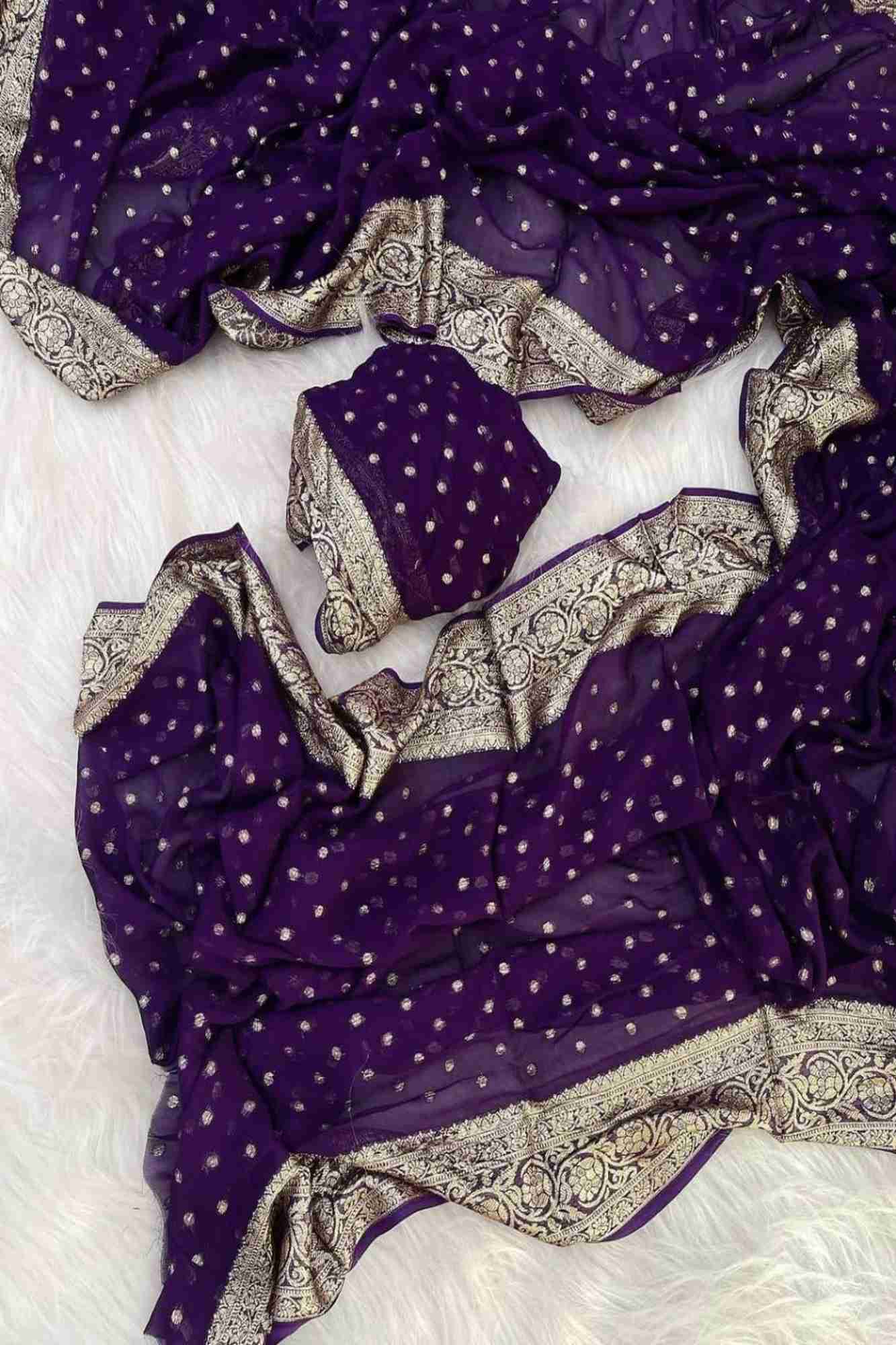 Viscose Georgette in Purple with Gold Butti and Intricate Border Ready To Wear Saree