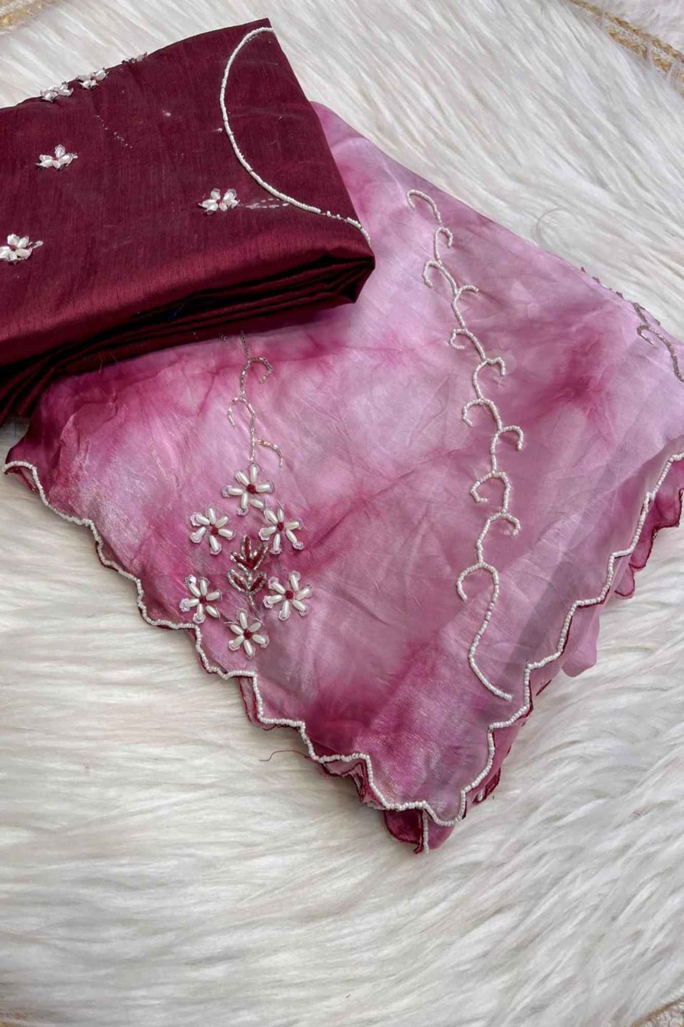 Organza Embroidered in Pink Tie-Dye Effect with Scalloped Border Ready To Wear Saree