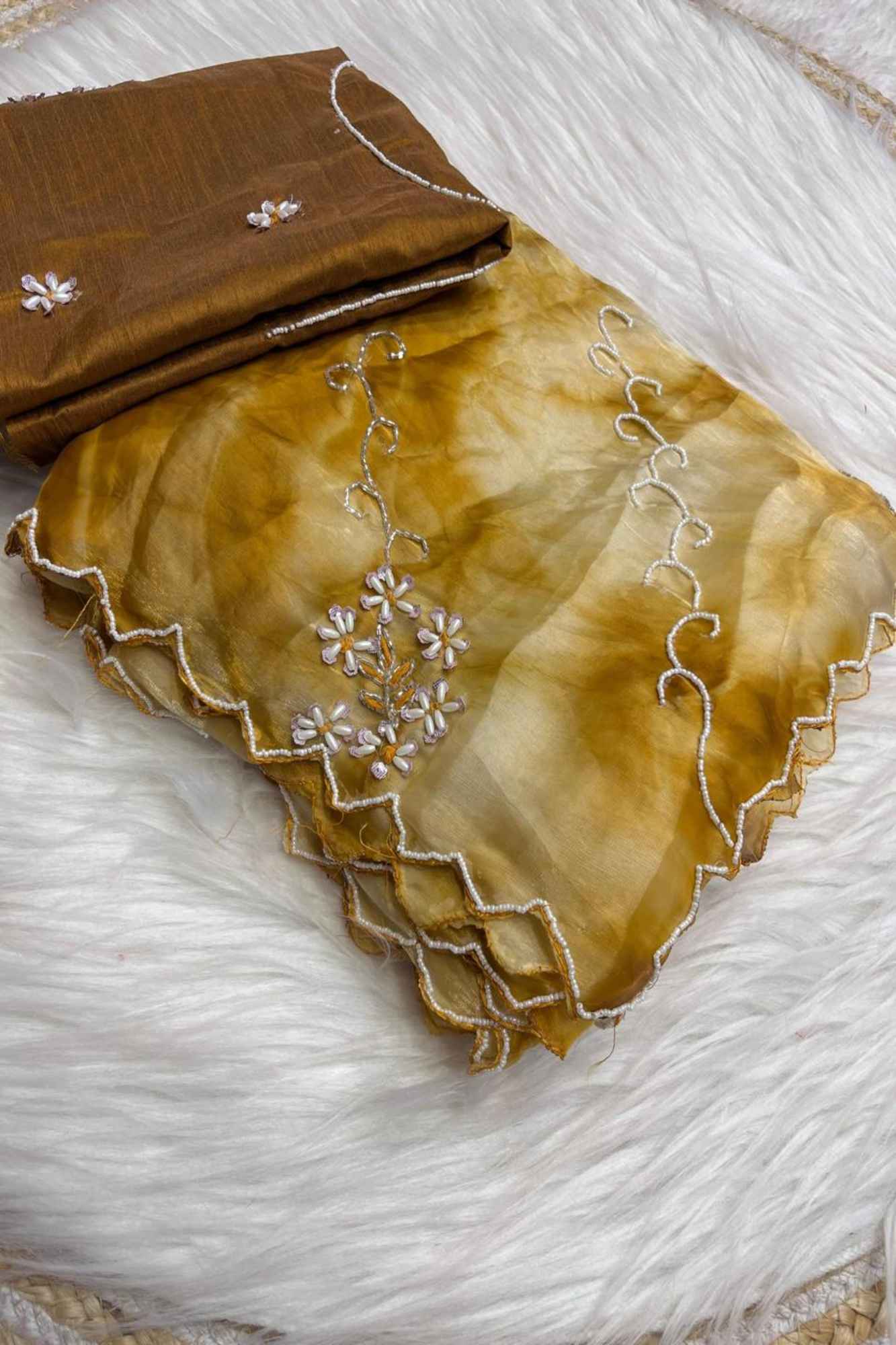 Golden-Brown Organza Embroidered with Scalloped Border Ready To Wear Saree