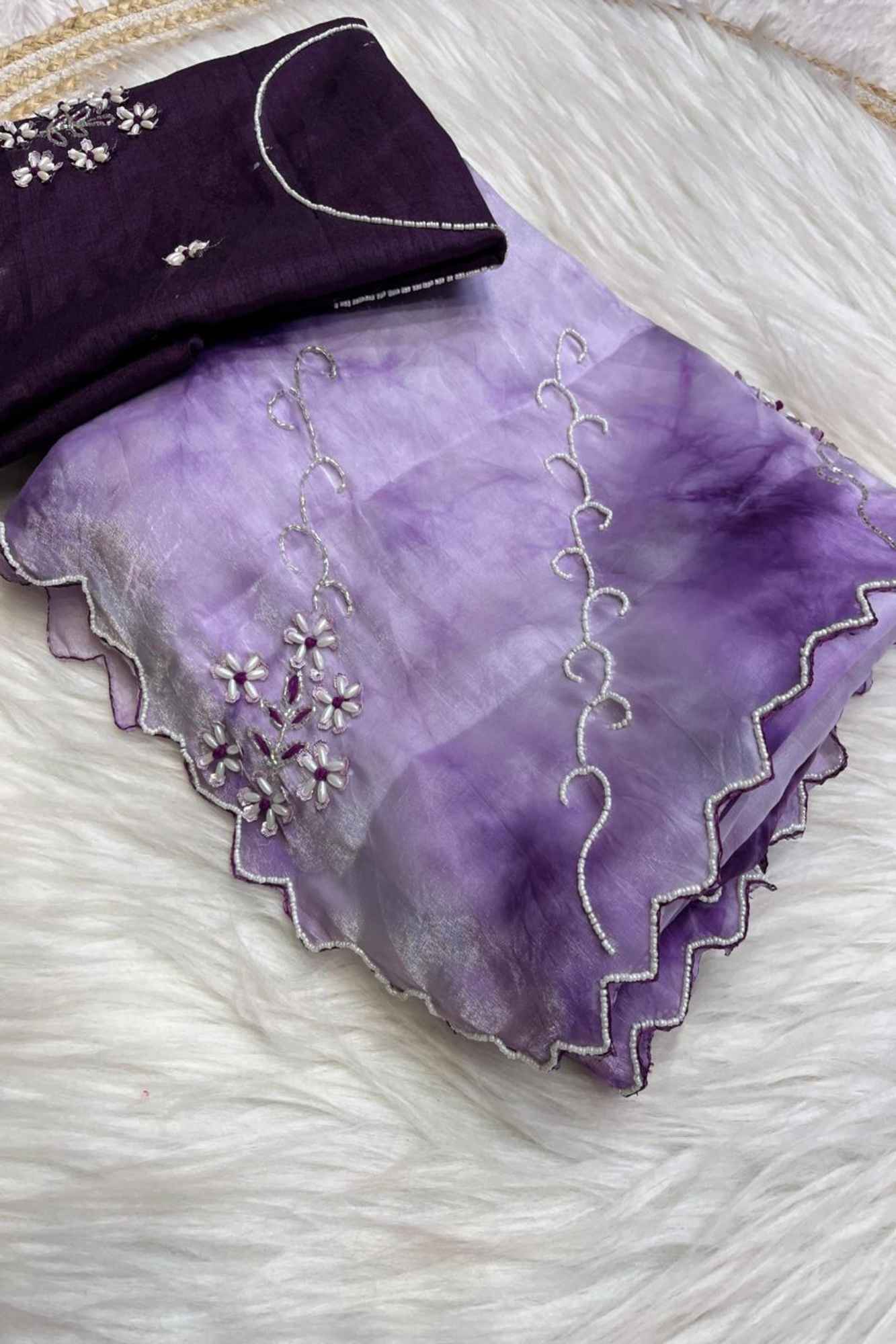 Organza with Tie-Dye Effect, White Floral Embroidery & Scalloped Border