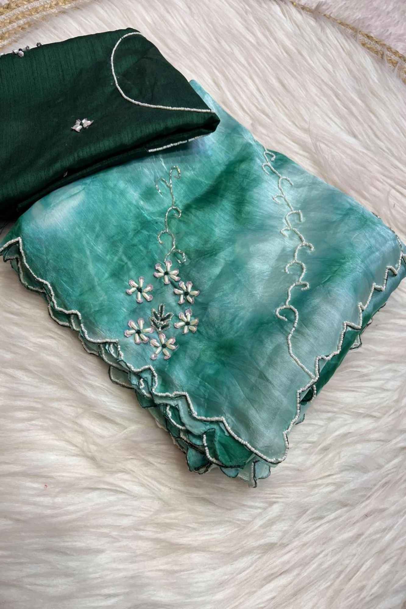 Light & Dark Green Organza White Floral Embroidery & Scalloped Border Ready To Wear Saree