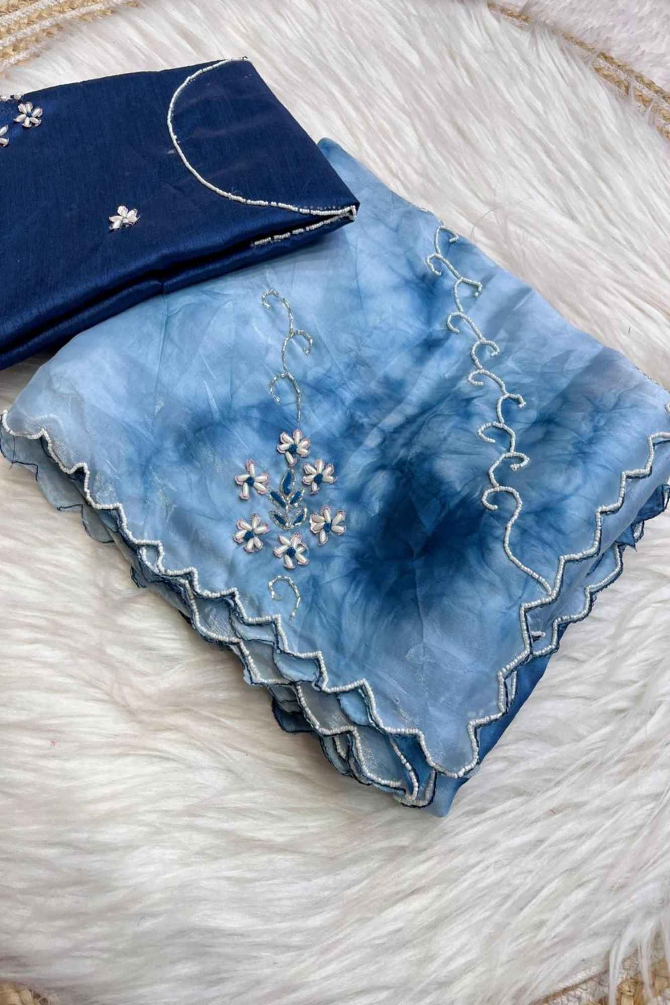 Light & Navy Blue Organza with Tie-Dye Effect, White Embroidery & Scalloped Border Ready To Wear Saree