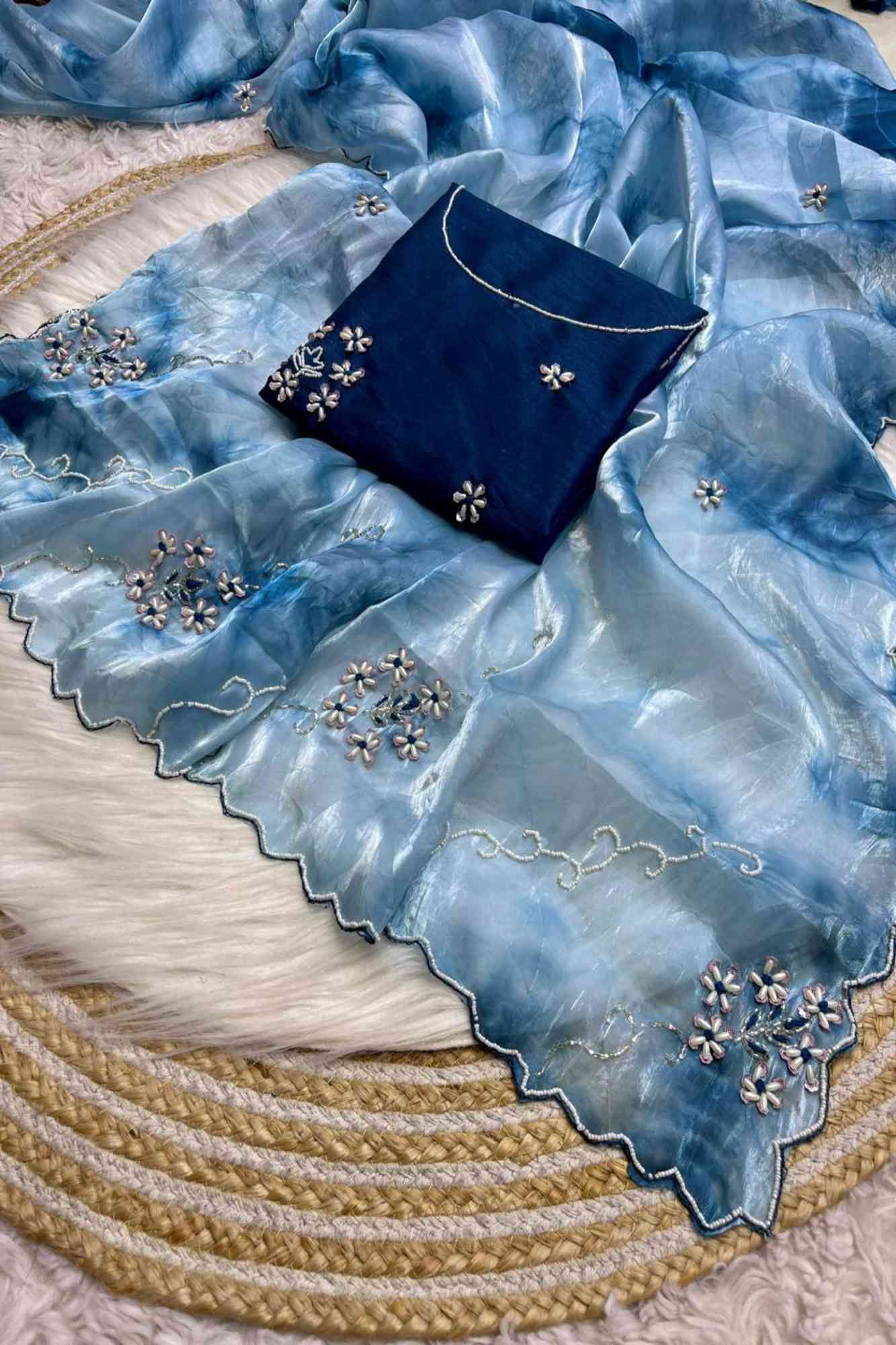Light & Navy Blue Organza with Tie-Dye Effect, White Embroidery & Scalloped Border Ready To Wear Saree