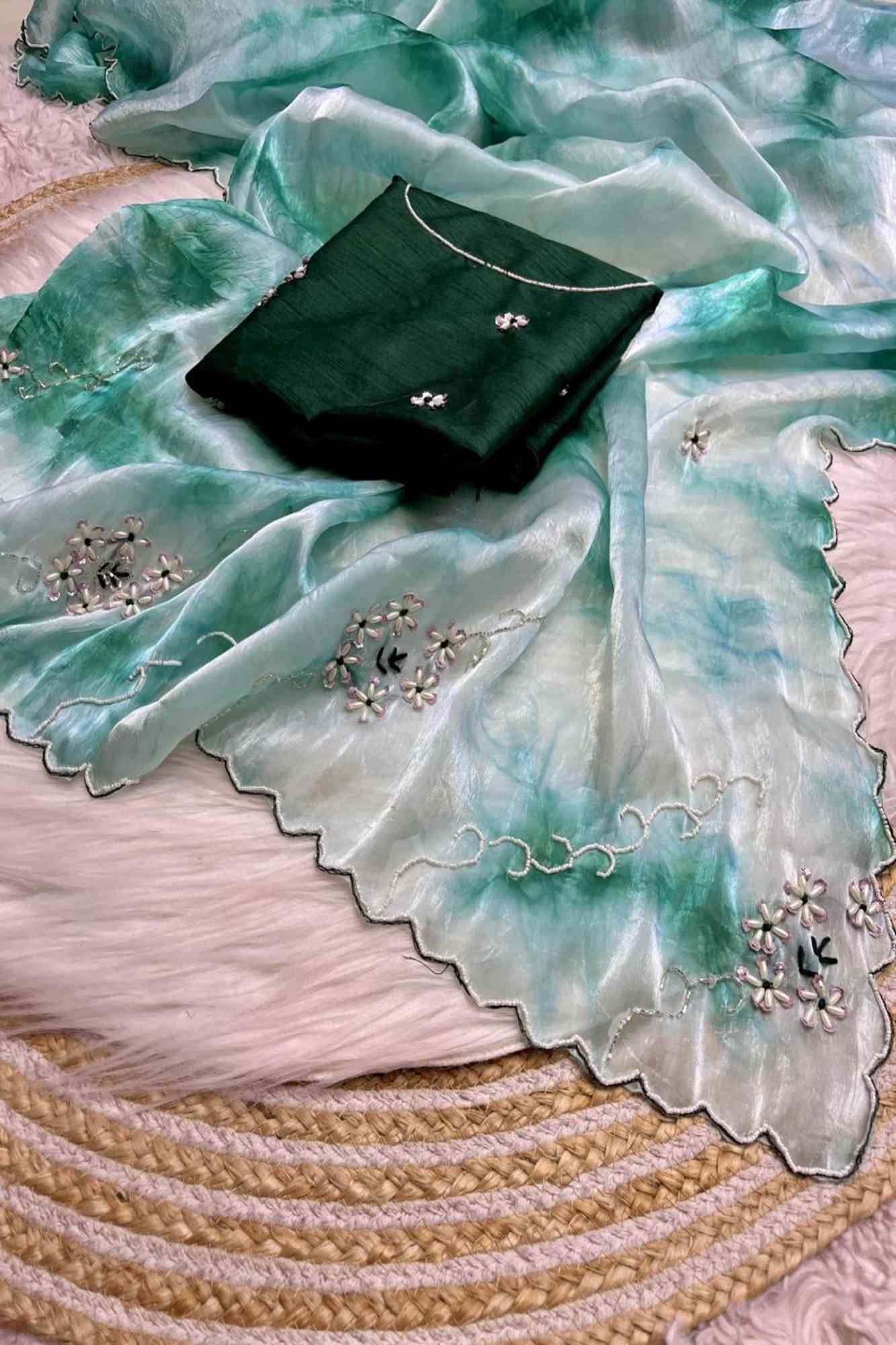 Light & Dark Green Organza White Floral Embroidery & Scalloped Border Ready To Wear Saree
