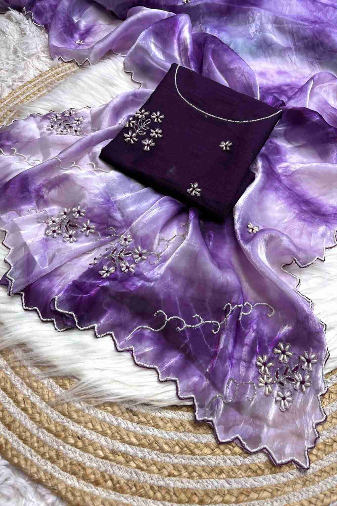 Organza with Tie-Dye Effect, White Floral Embroidery & Scalloped Border